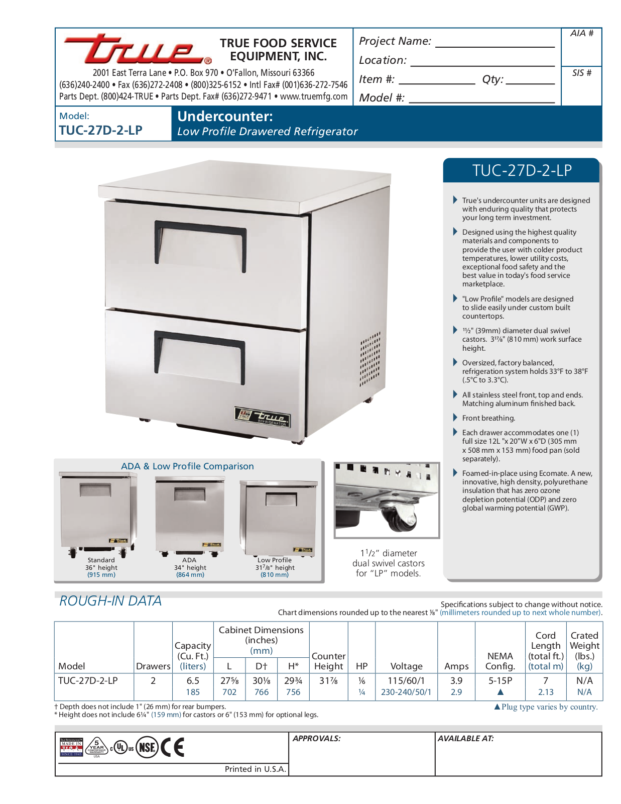 True TUC-27D-2-LP User Manual