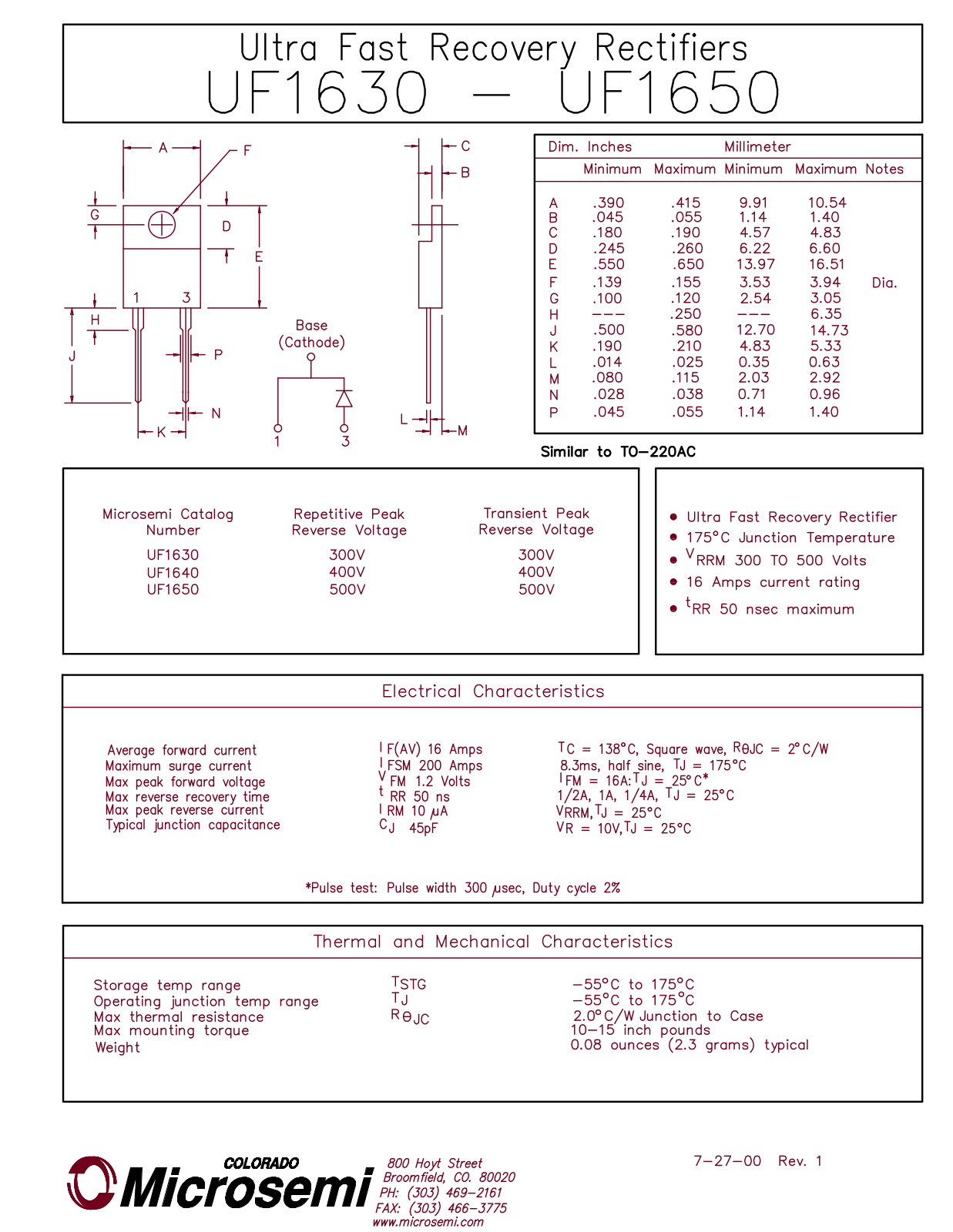 Microsemi UF1640, UF1630 Datasheet