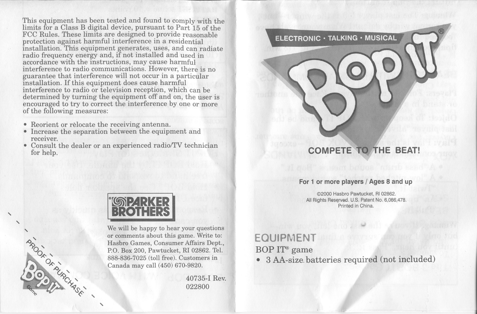 HASBRO Bop It 2000 User Manual