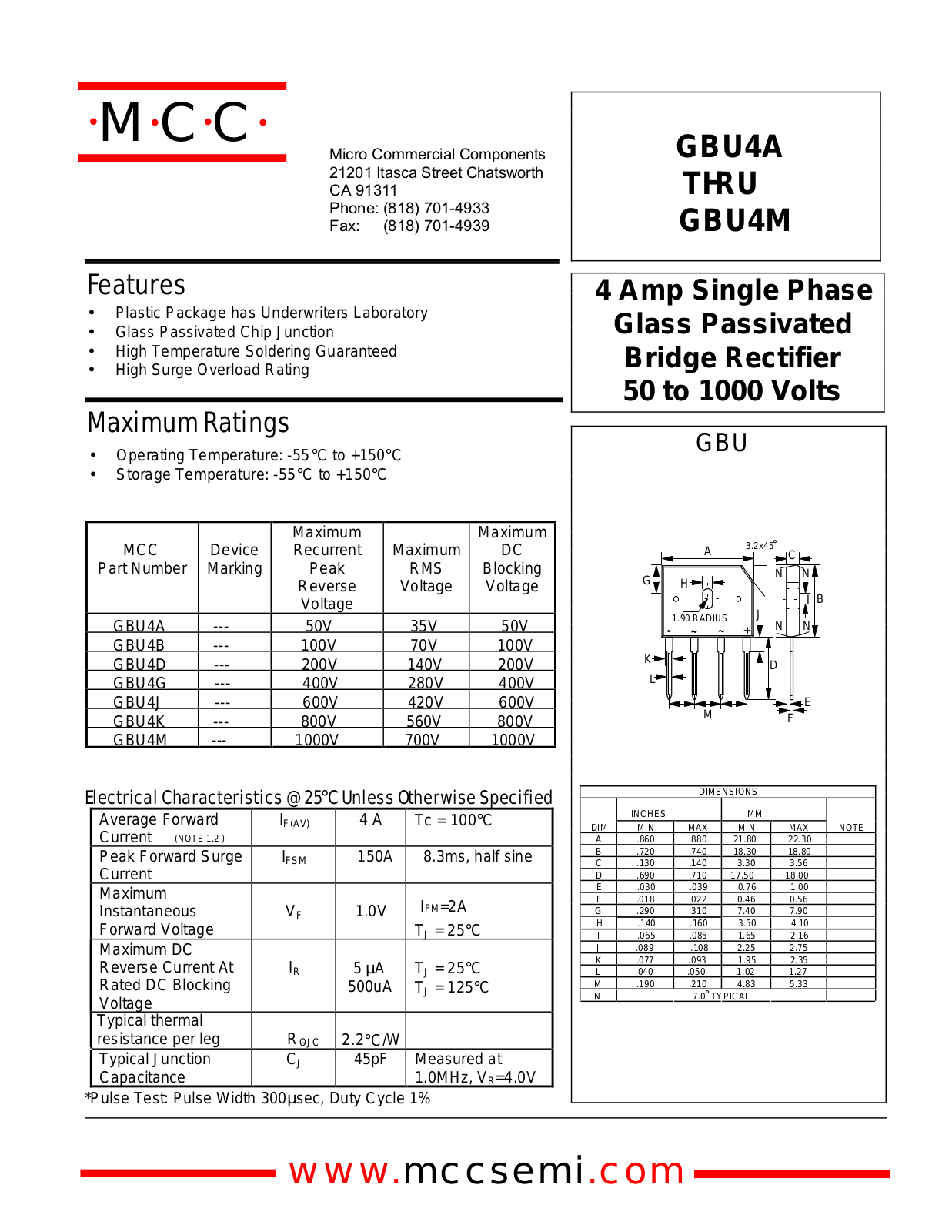 MCC GBU4G, GBU4D, GBU4B, GBU4M, GBU4K Datasheet