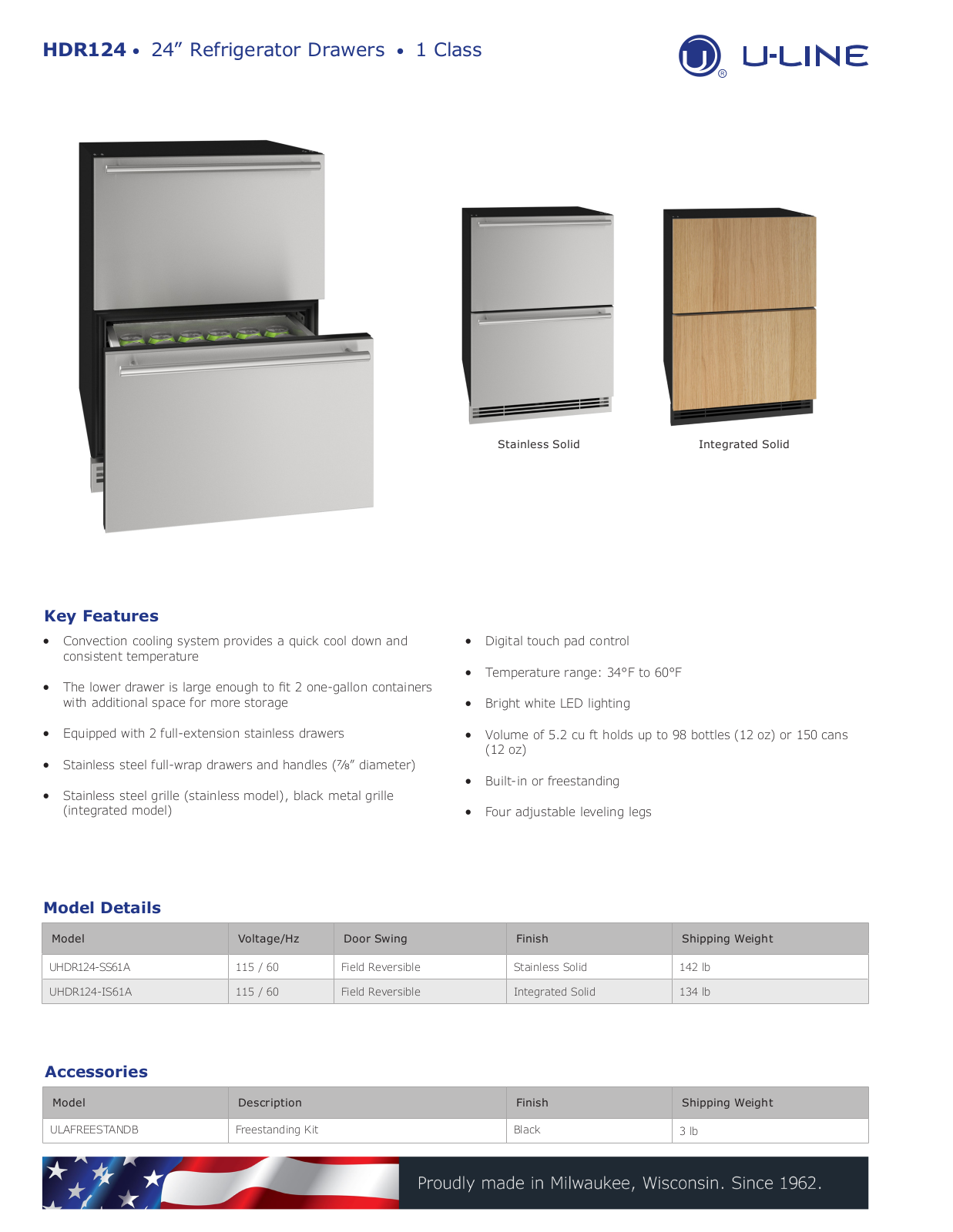 U-Line UHDR124-SS61A, UHDR124-IS61A Specification Sheet