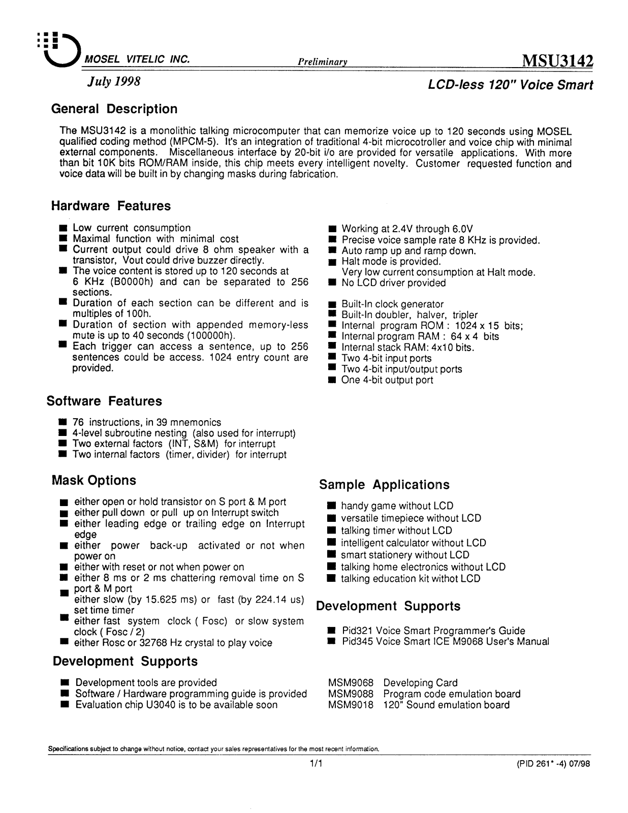 Mosel Vitelic MSU3142 Datasheet