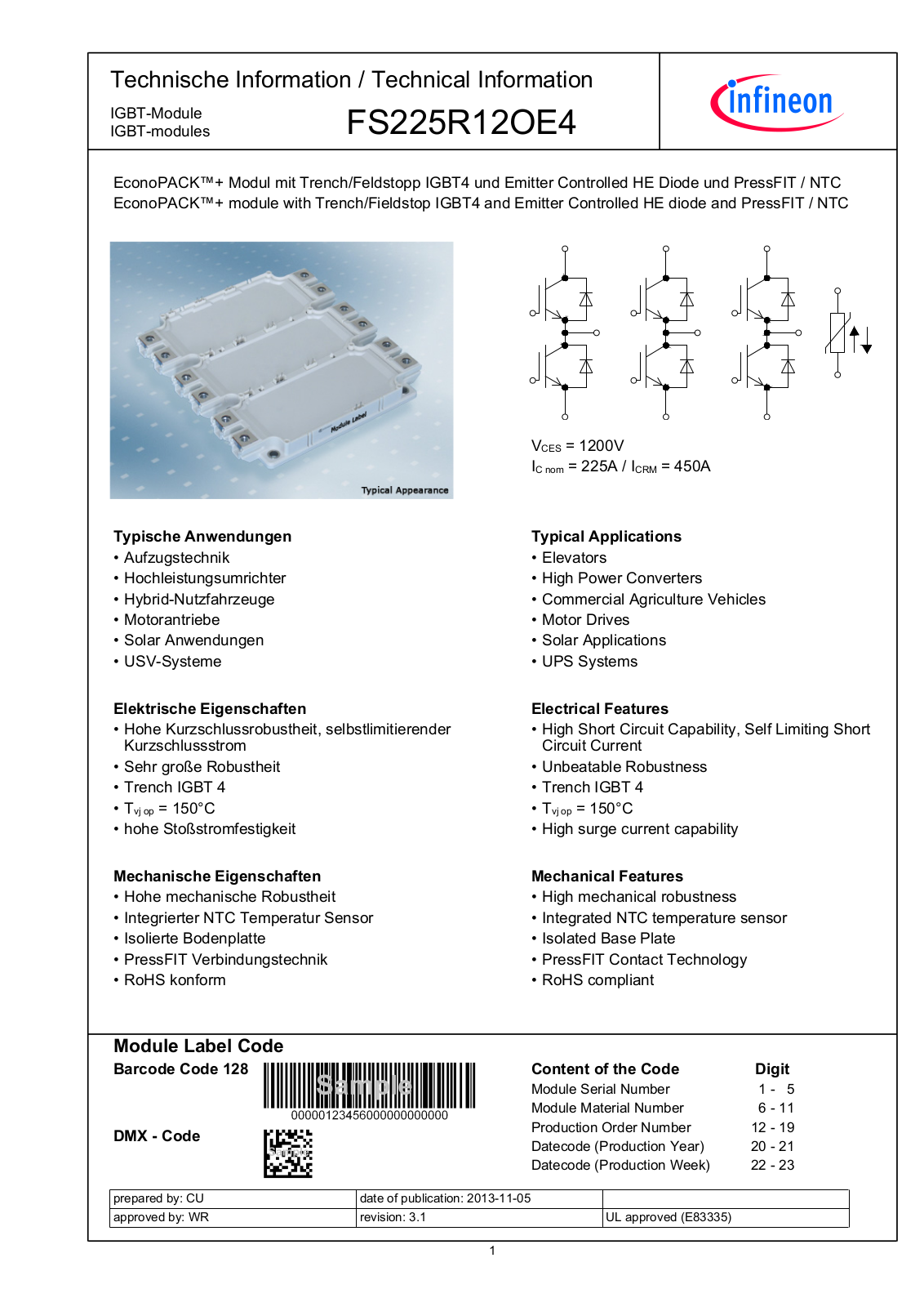 Infineon FS225R12OE4 Data Sheet