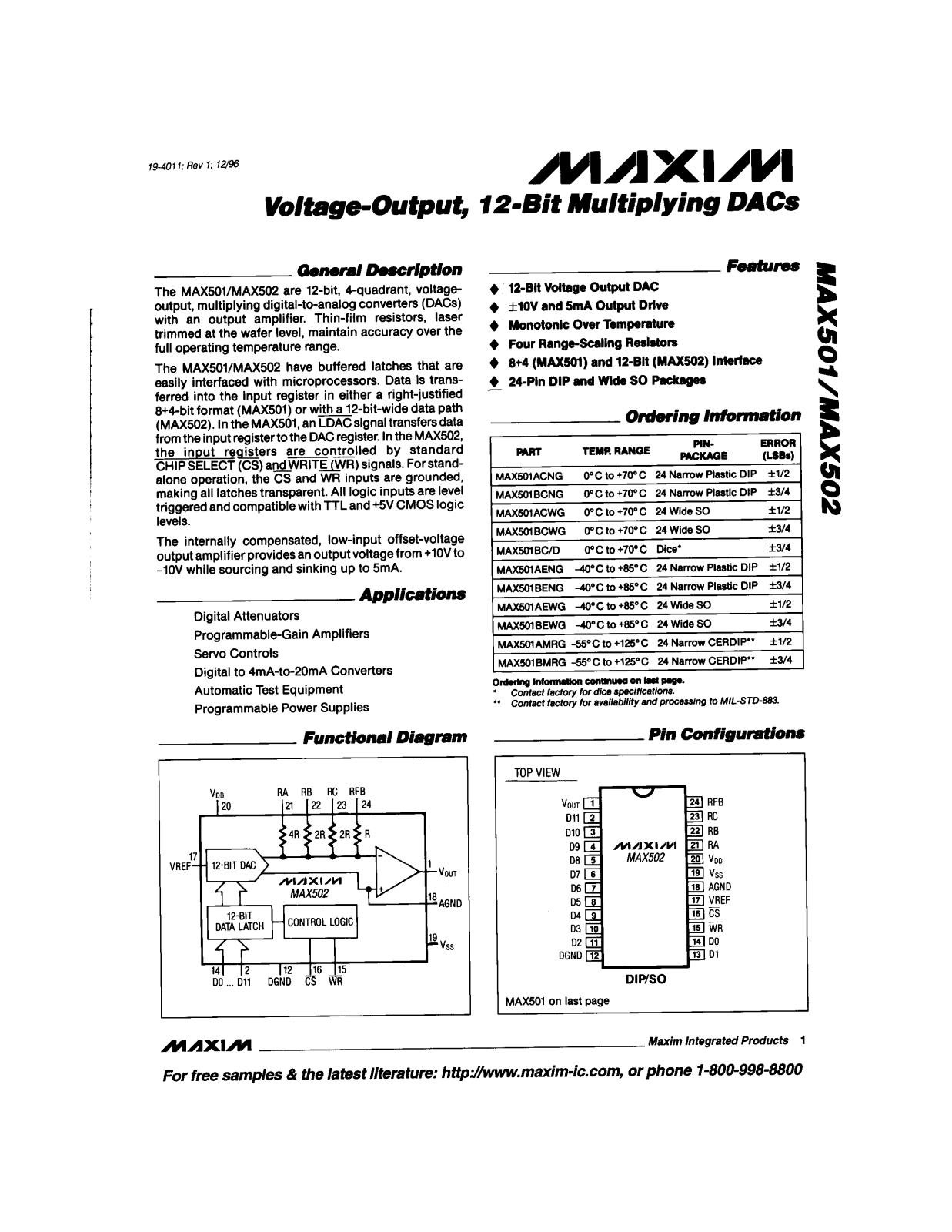 Maxim MAX502BENG, MAX502BCWG, MAX502BCNG, MAX502BC-D, MAX502AMRG Datasheet