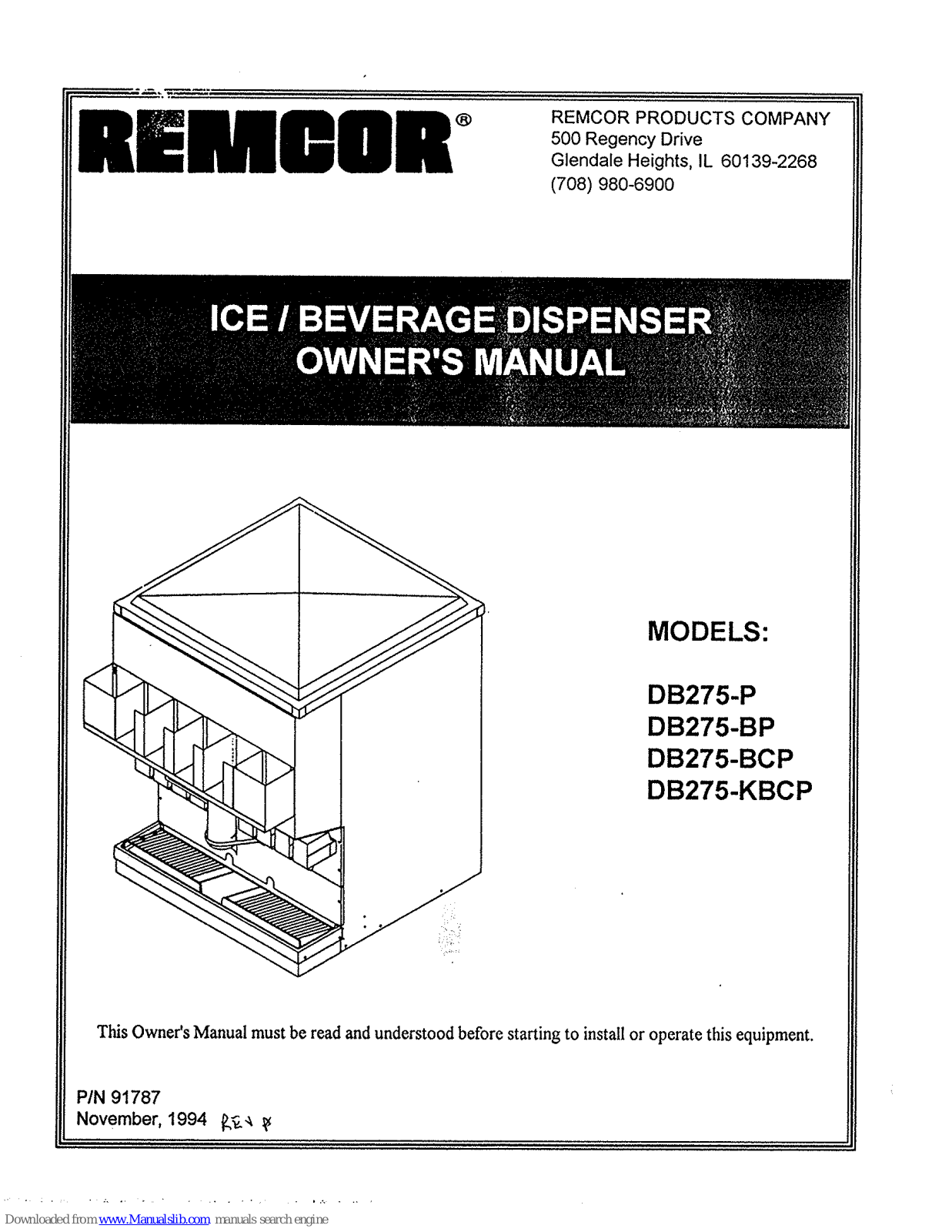 Remcor DB275-P, DB275-BP, DB275-KBCP, DB275-BCP Owner's Manual