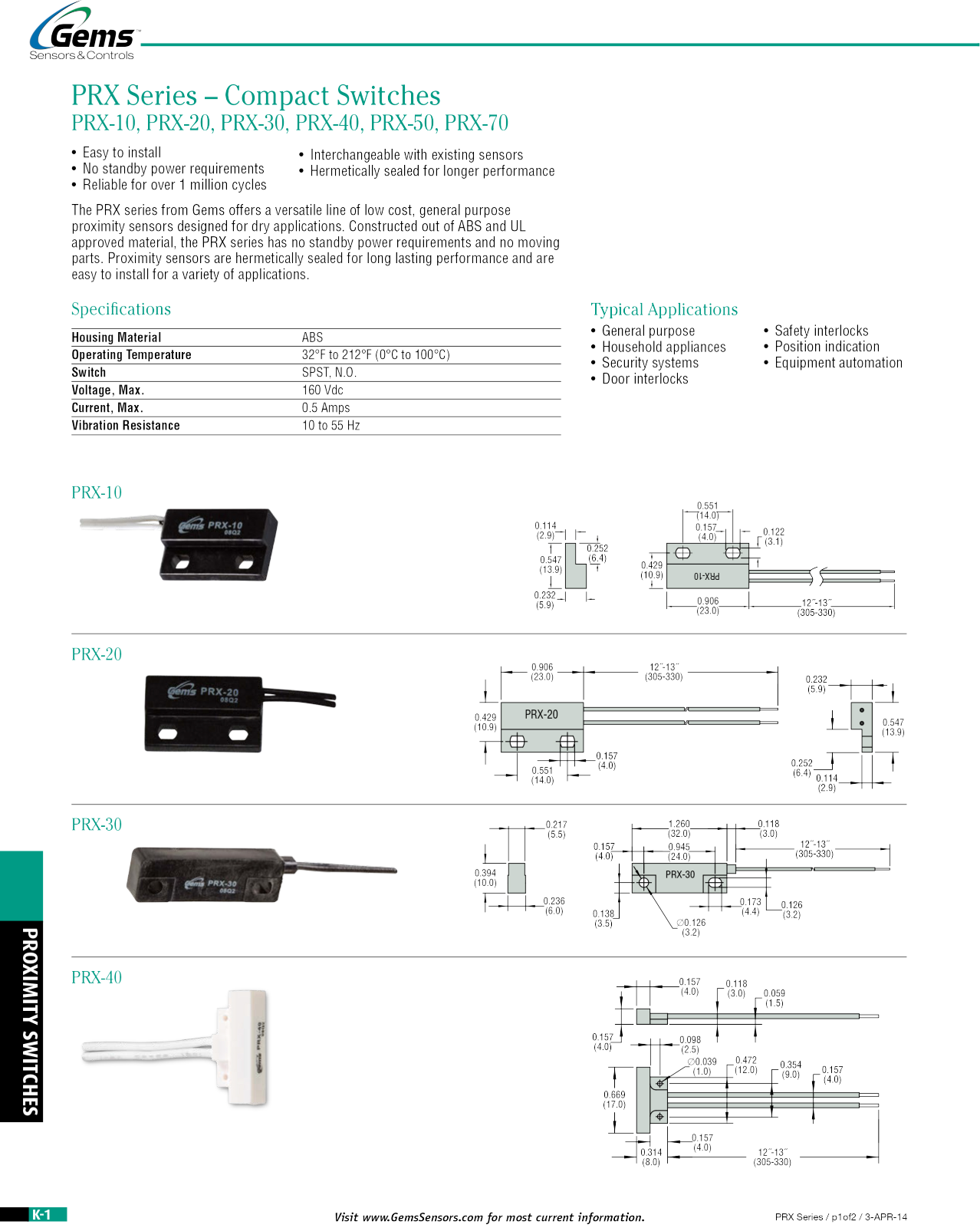 Gems Sensors & Controls PRX-10 Specifications