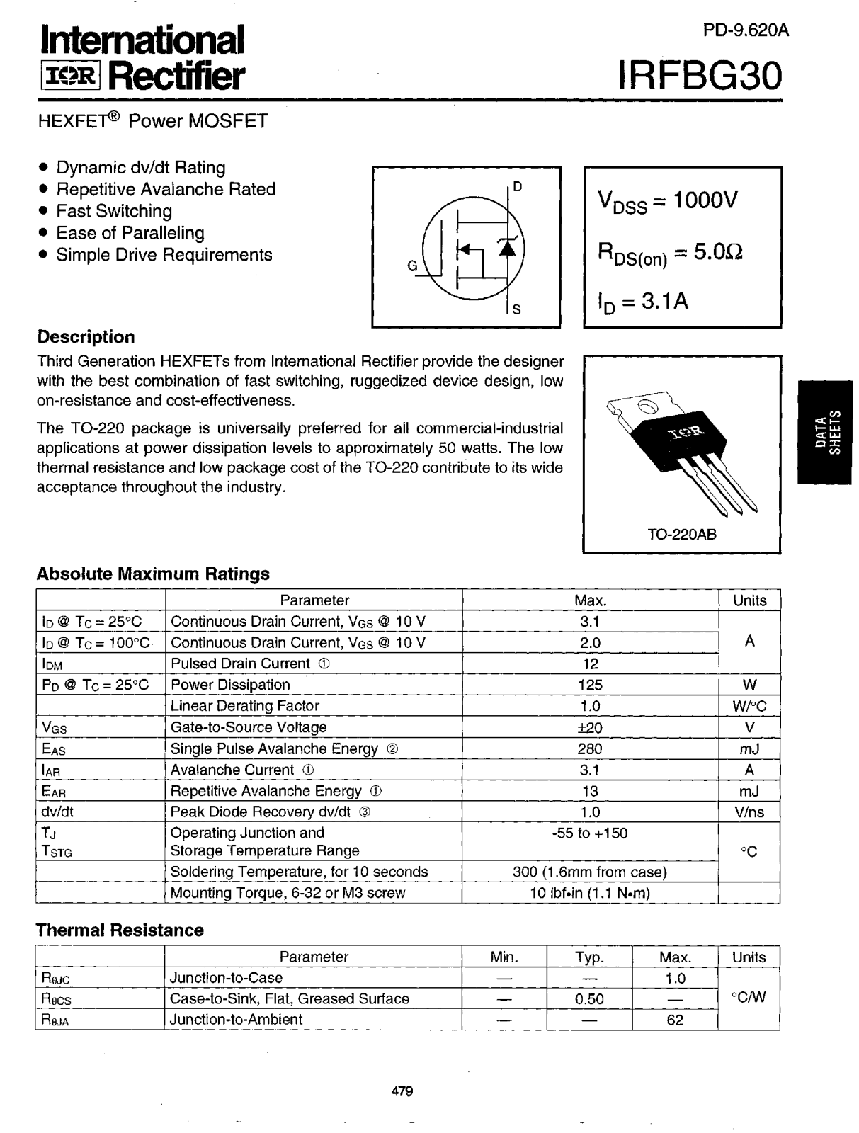 International Rectifier IRFBG30 Datasheet