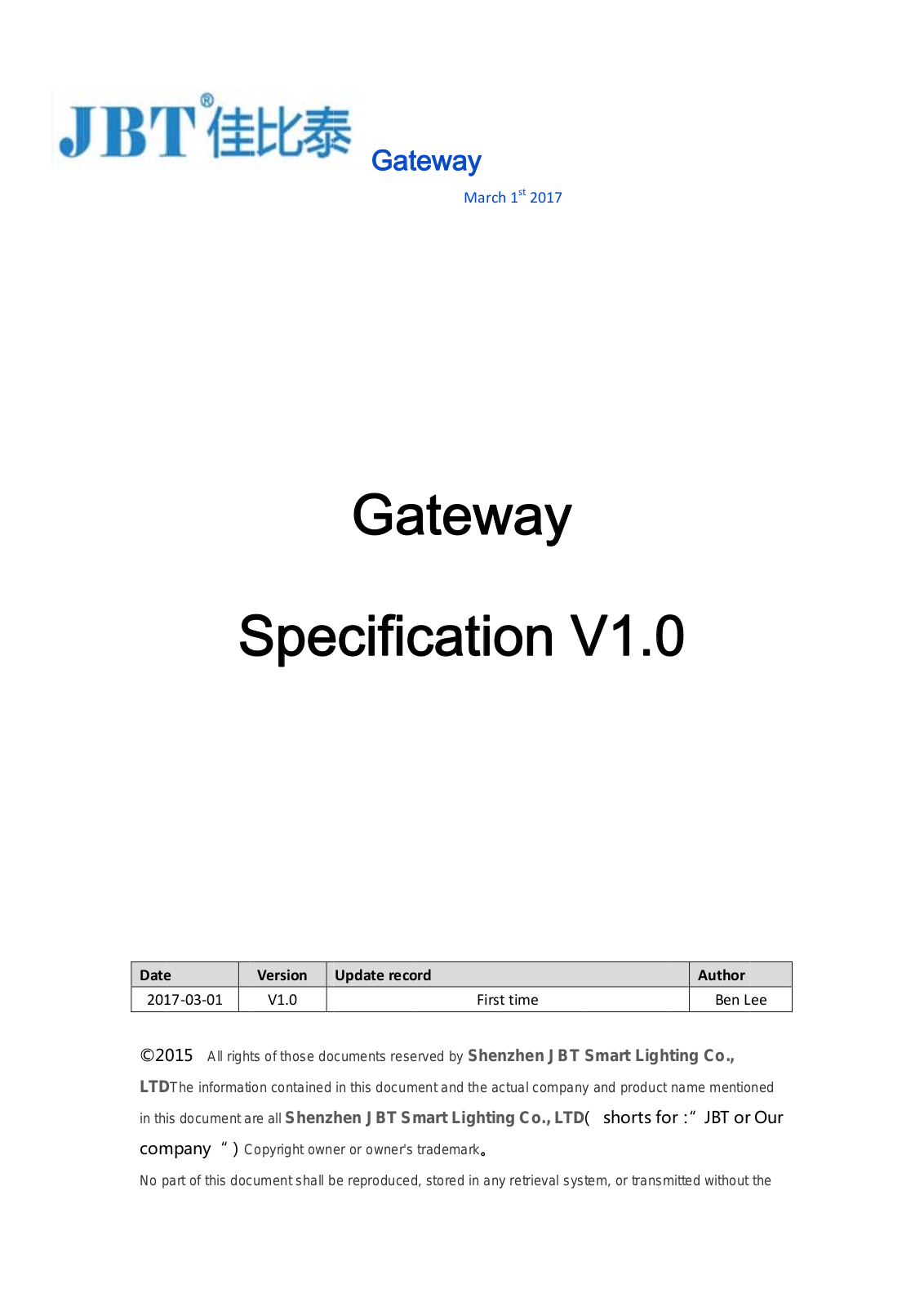 JBT Smart Lighting 890001 User Manual