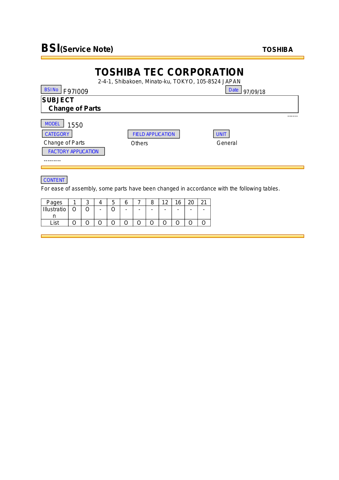 Toshiba f97i009 Service Note