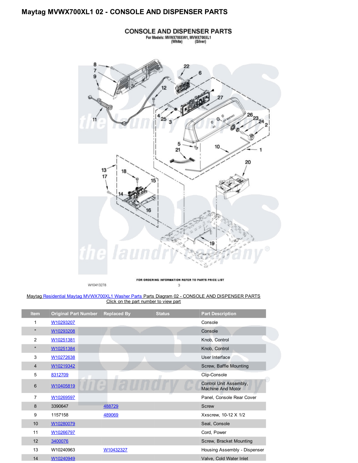 Maytag MVWX700XL1 Parts Diagram