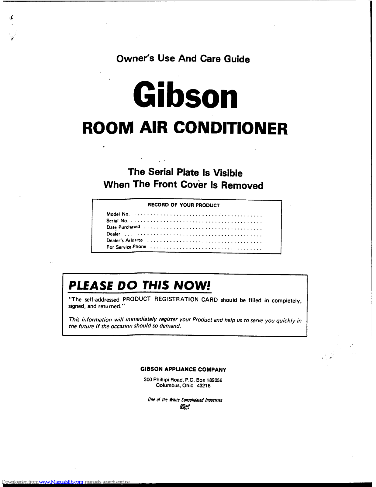 Gibson Room Air Conditioner Owner's Use And Care Manual