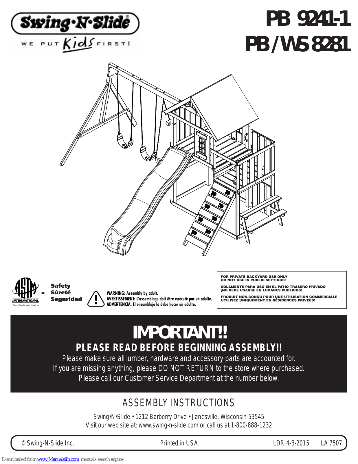 Swing-N-Slide PB 9241-1, PB 8281, WS 8281 Assembly Manual