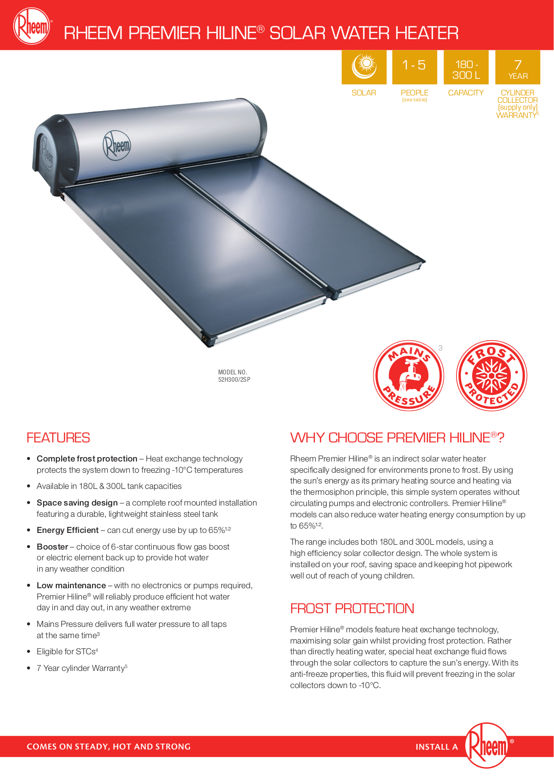 Rheem 52H300M775 Specifications Sheet