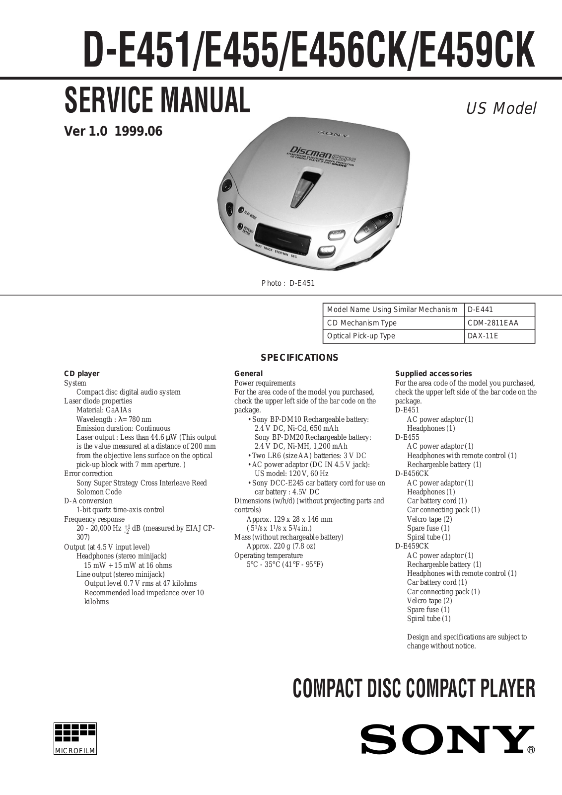 Sony DE-451, DE-456-CK, DE-455, DE-459-CK Service manual