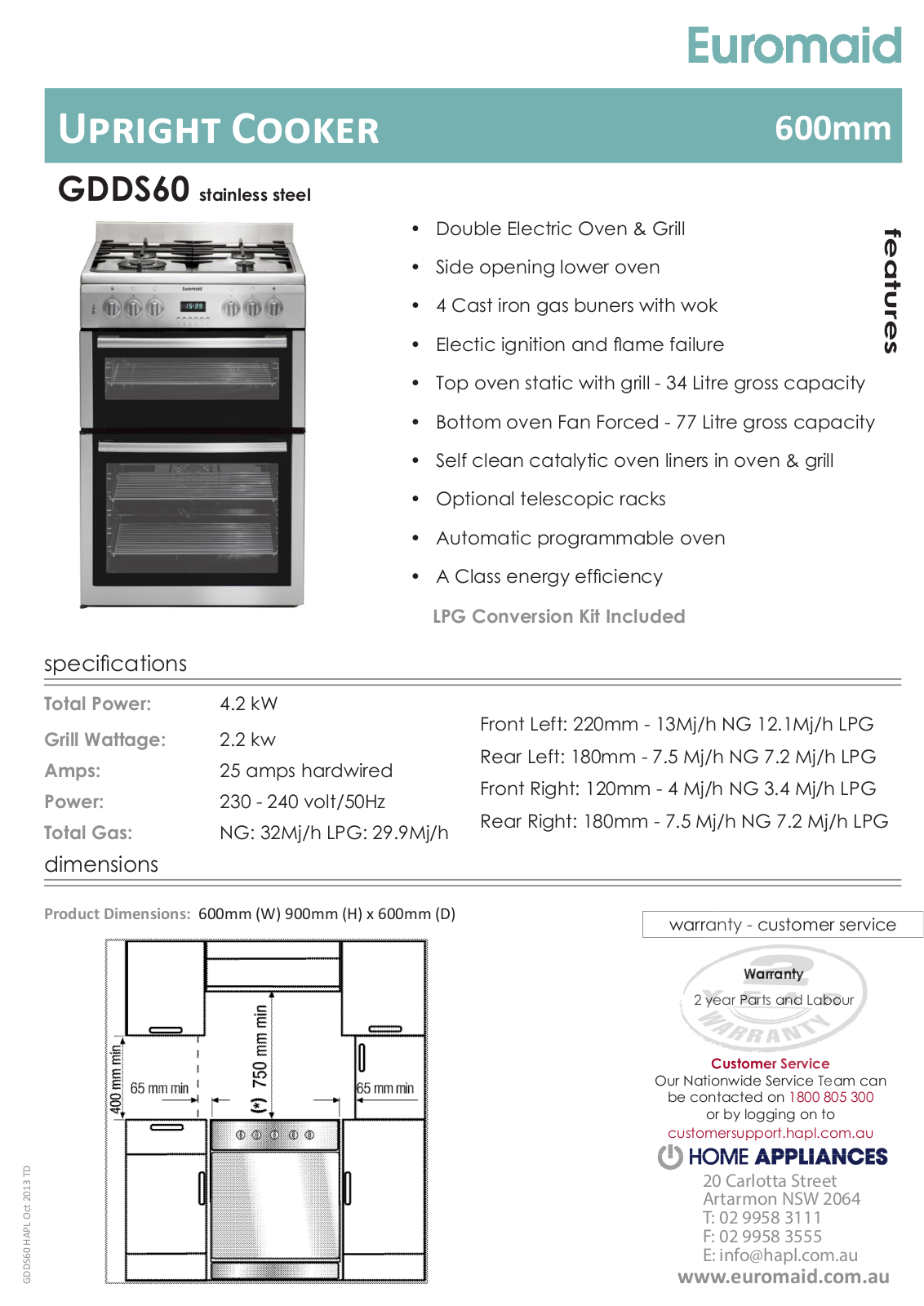 Euromaid GDDS60 Specifications Sheet