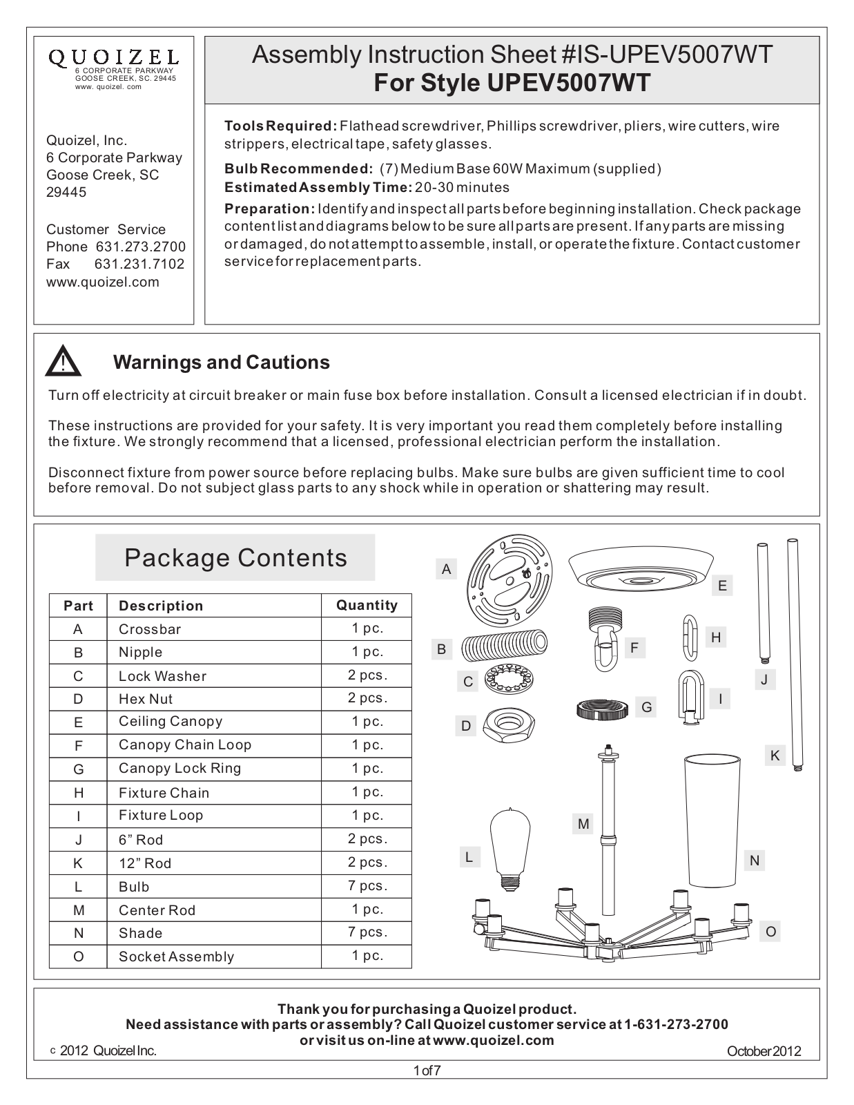 Quoizel UPEV5007WT User Manual