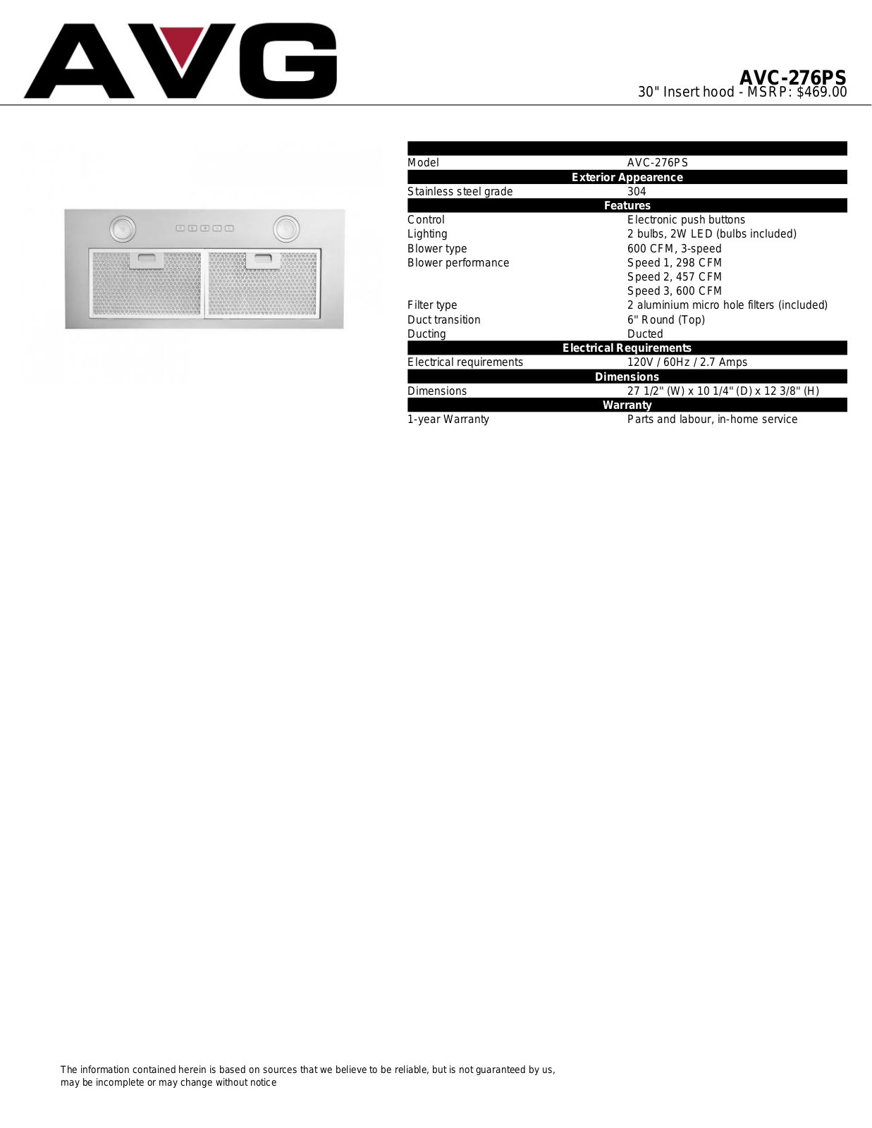 AVG AVC276PS Specification