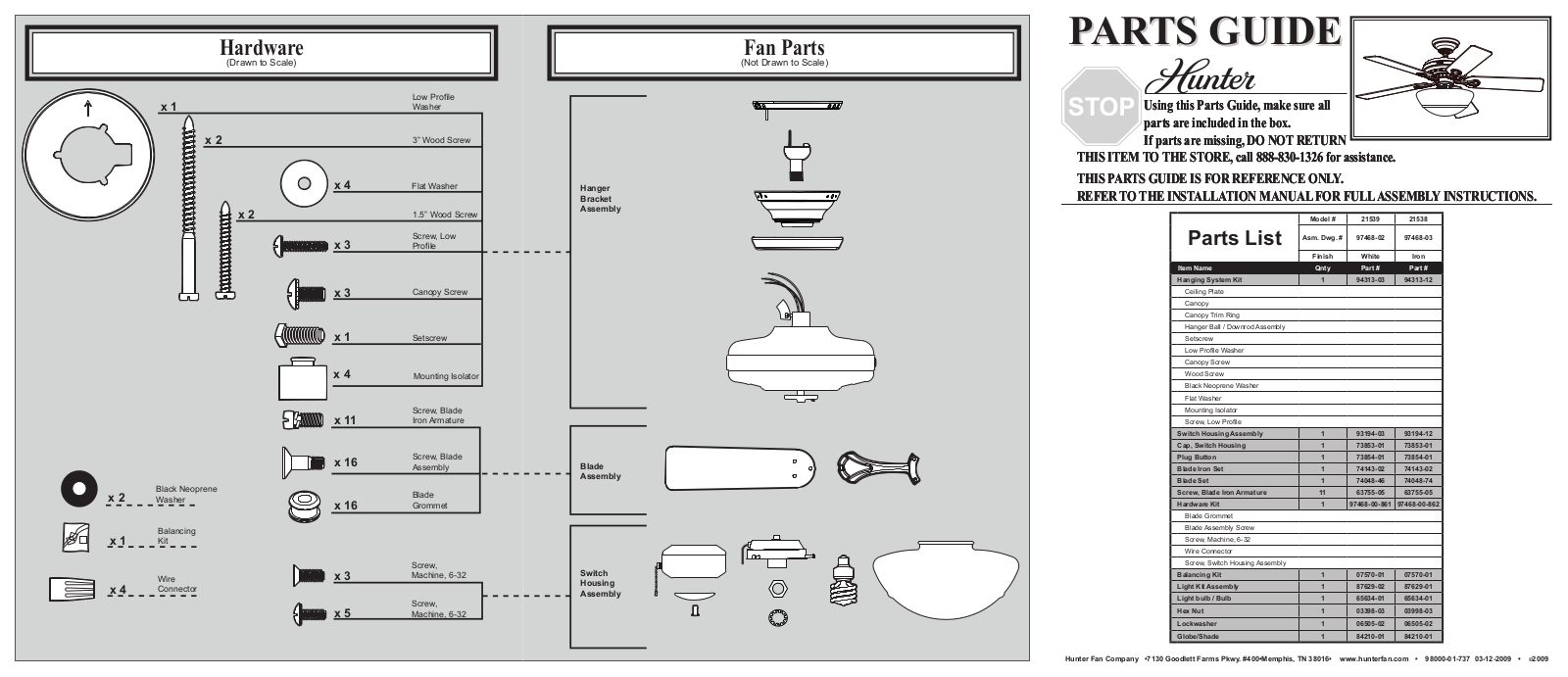 Hunter 21539 Parts Guide