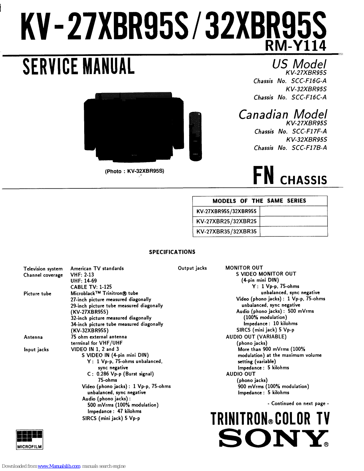 Sony Trinitron KV-27XBR95S, Trinitron KV-32XBR95S Service Manual