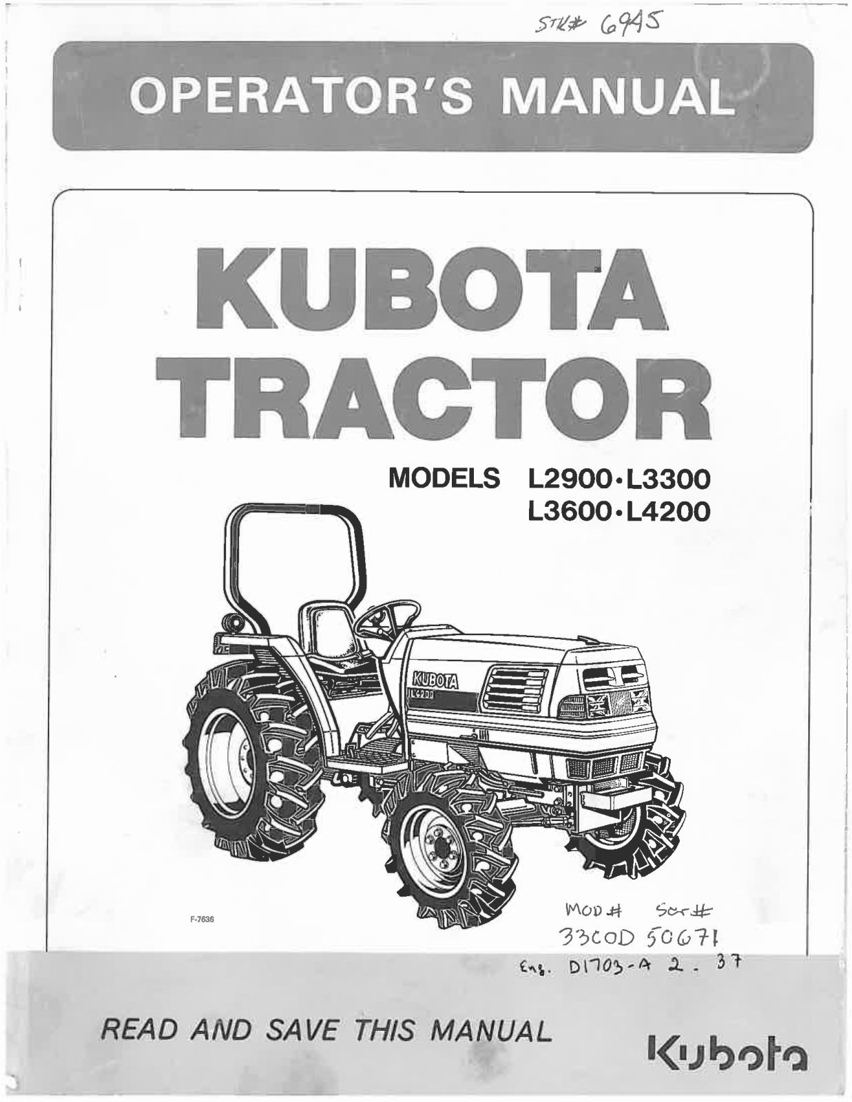 Kubota L2900, L3300, L3600, L4200 Operators Manual