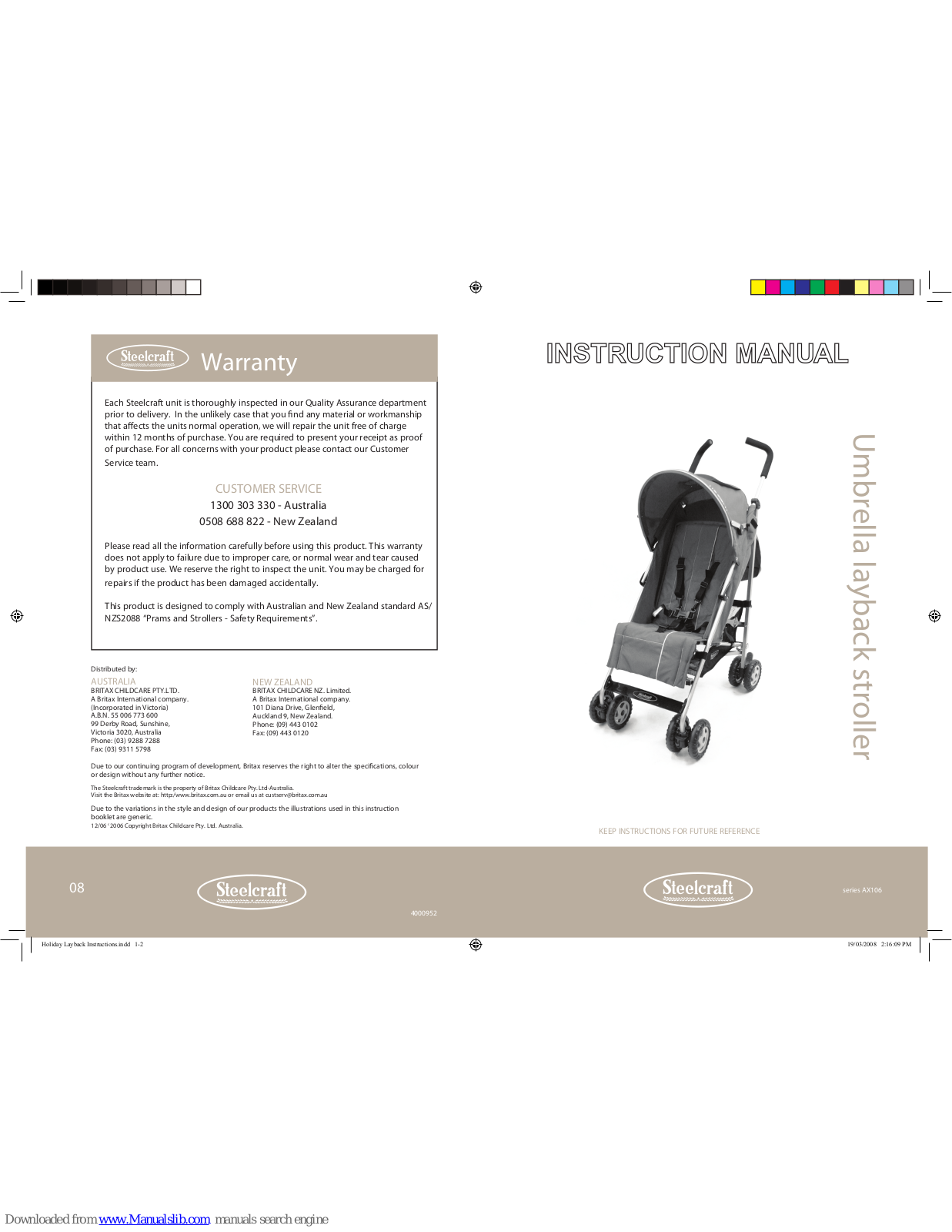 Britax UMBRELLA LAYBACK STROLLER, Steelcraft UMBRELLA LAYBACK STROLLER, AX106 Series User Manual