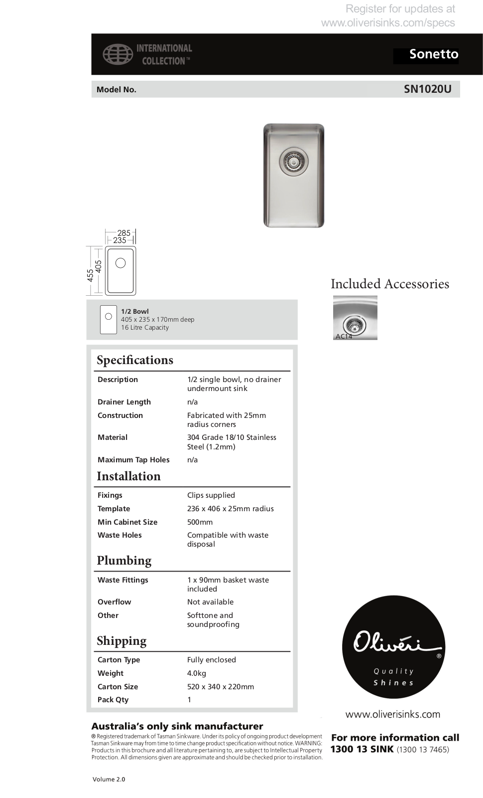 Oliveri SN1020U Product Sheet