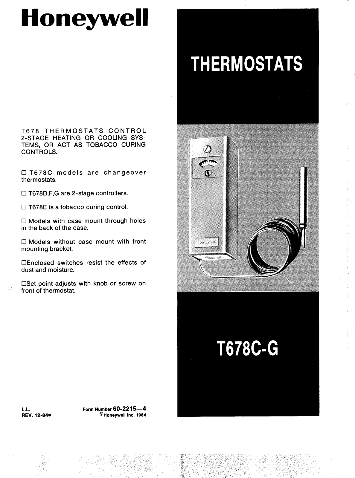 Honeywell T678C-G Product Information Sheet