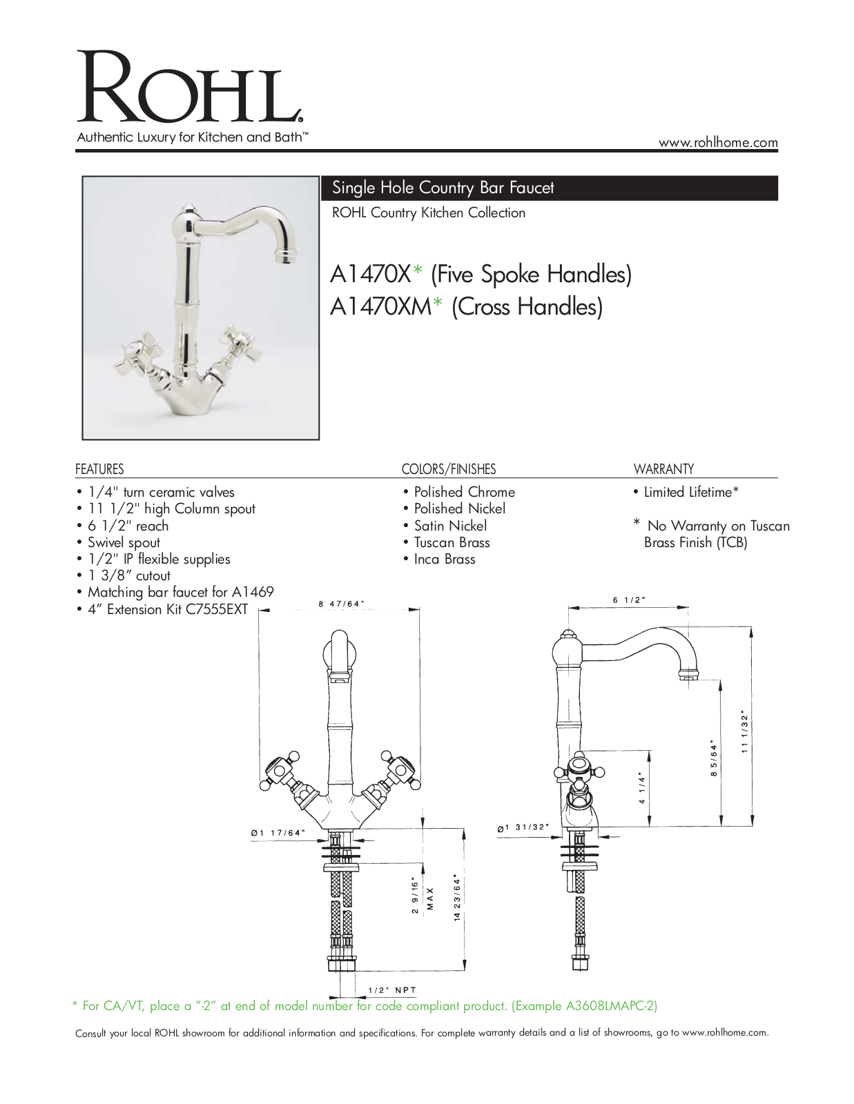 Rohl A1470XAPC2 Specs - ManualMachine.com