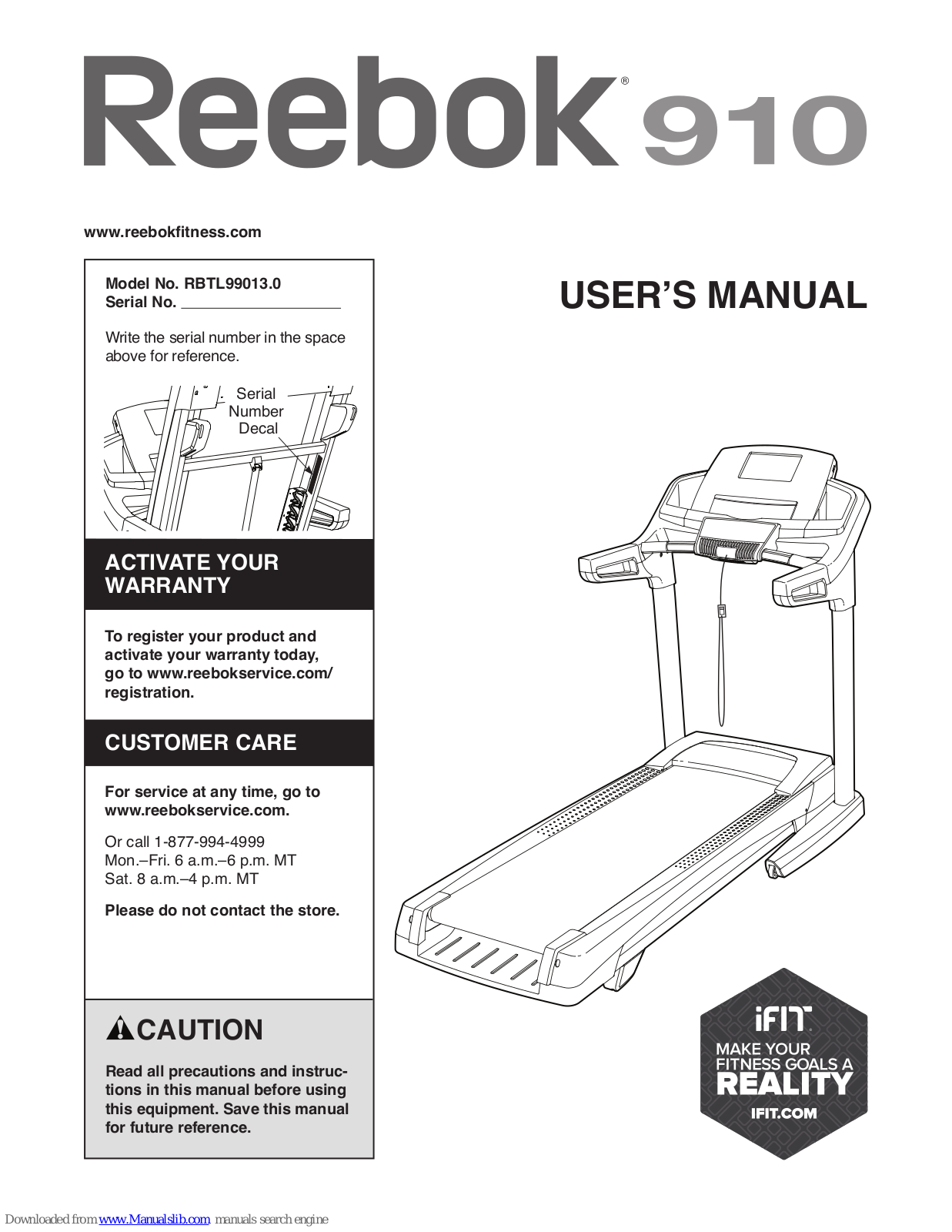 Reebok 910 Treadmill, 910, RBTL99013.0 User Manual