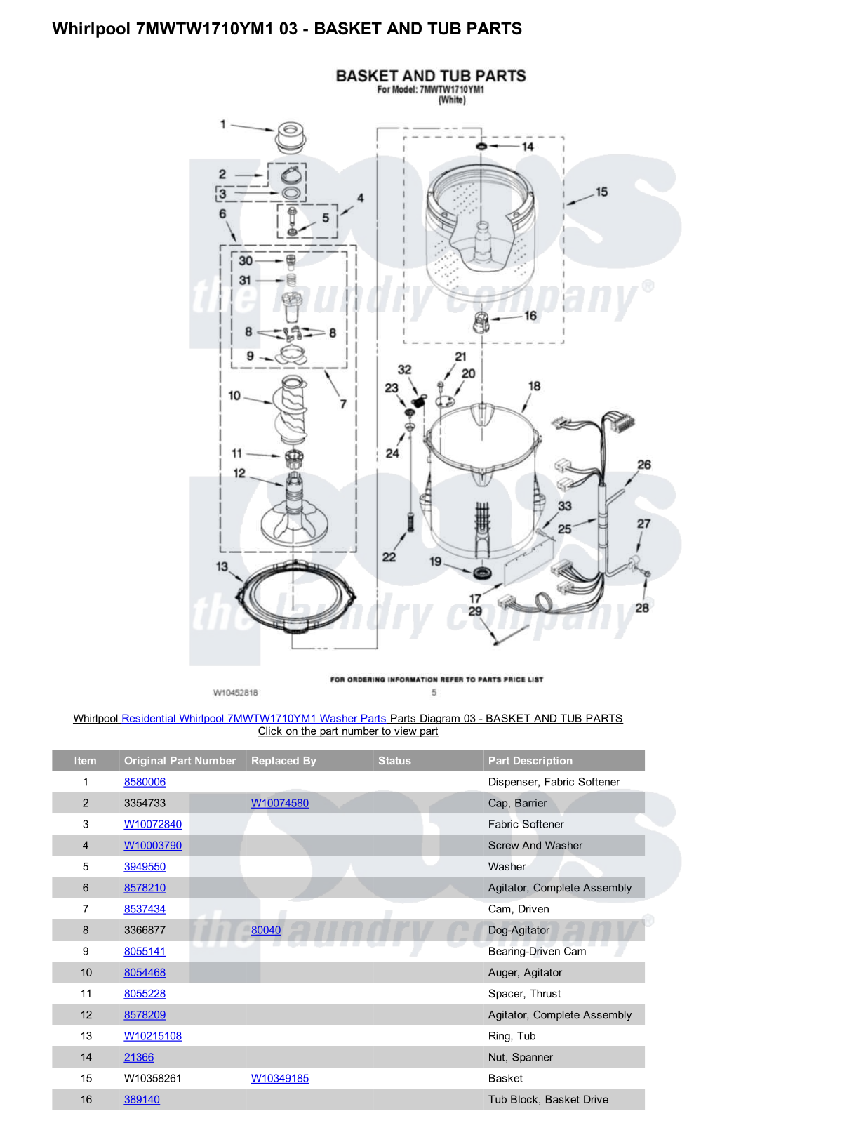 Whirlpool 7MWTW1710YM1 Parts Diagram