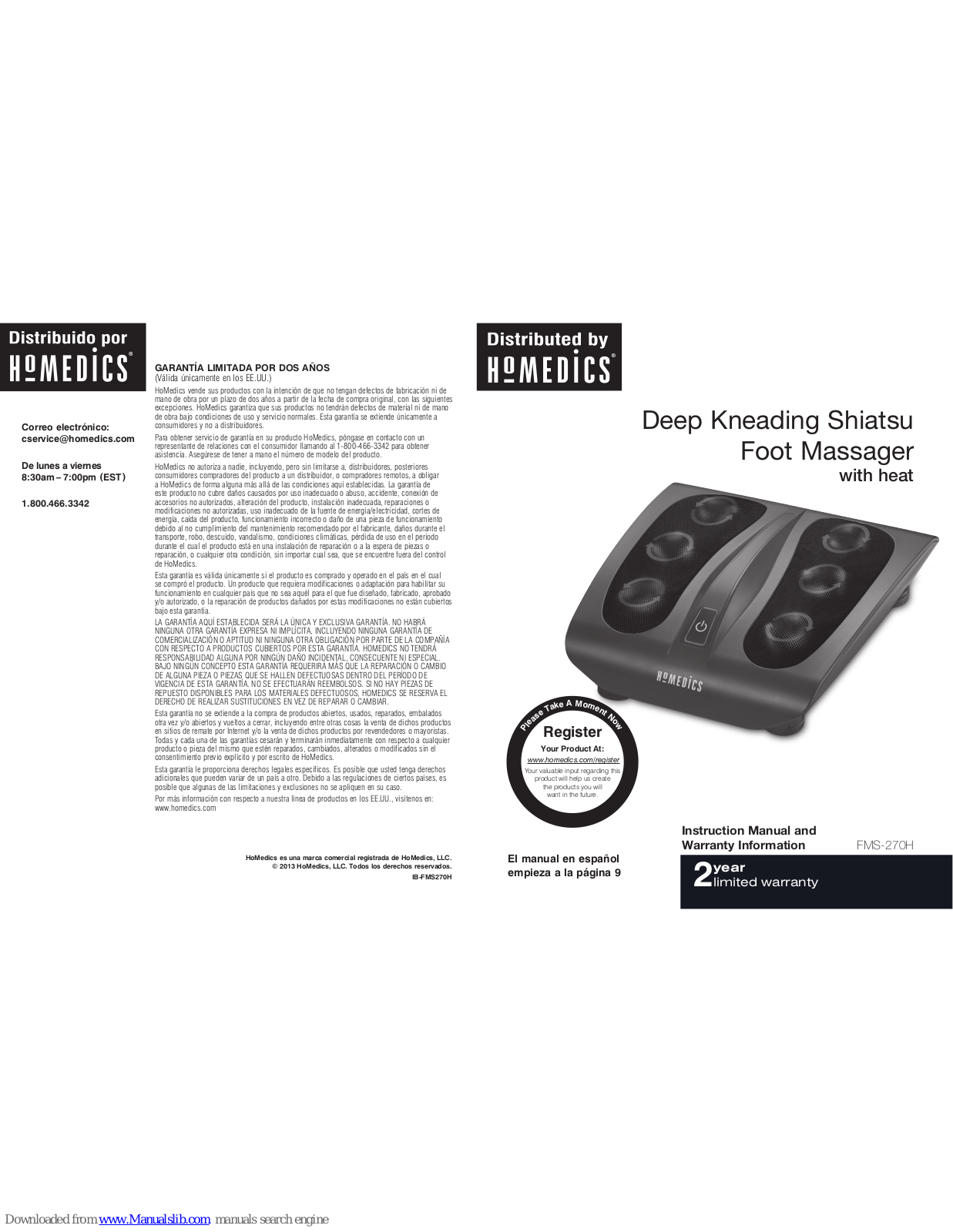 HoMedics FMS-270H Instruction Manual And Warranty Information