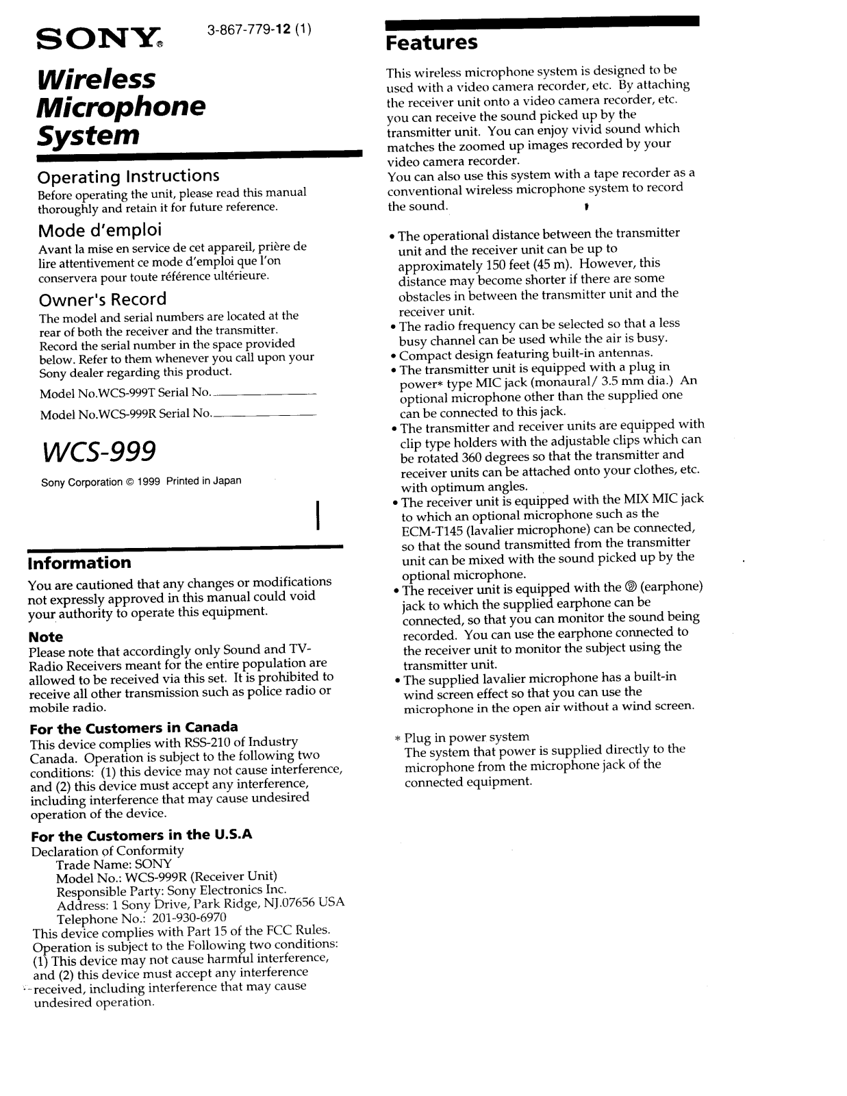 Sony WCS-999 User Manual