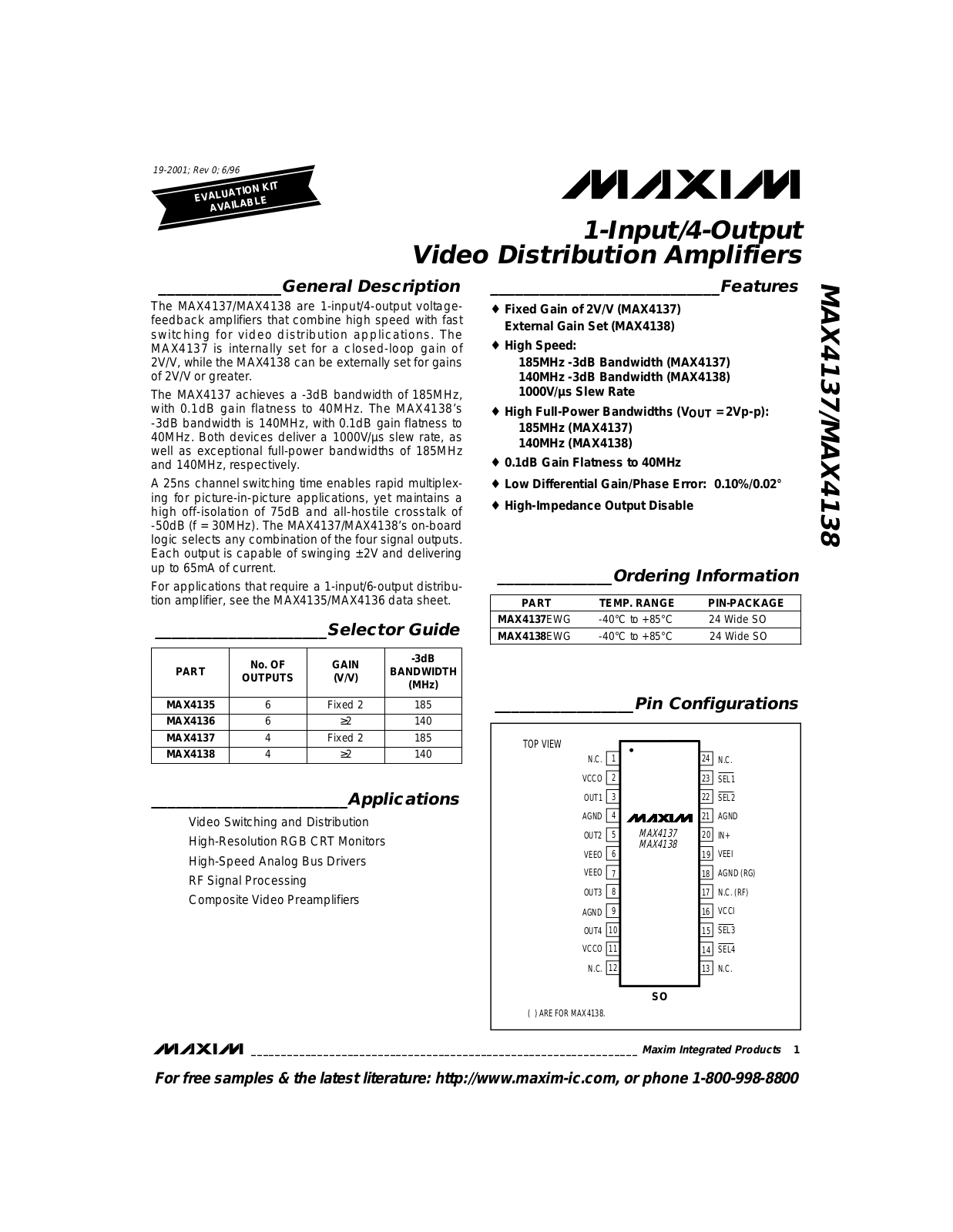 Maxim MAX4138EWG, MAX4137EWG Datasheet