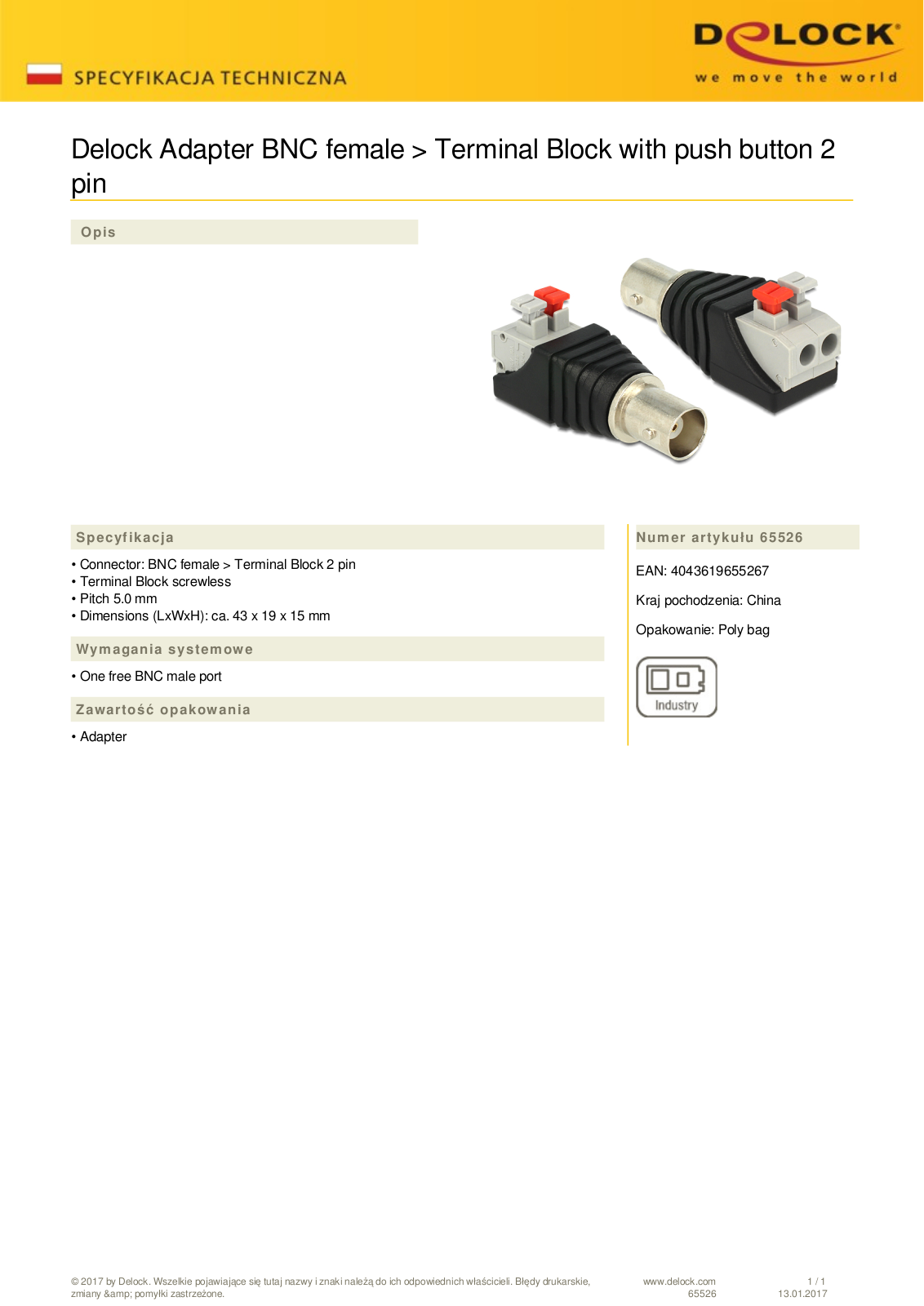 DeLOCK BNC  socket  on 2-Pin-Terminalblock adapter with Push buttons User Manual