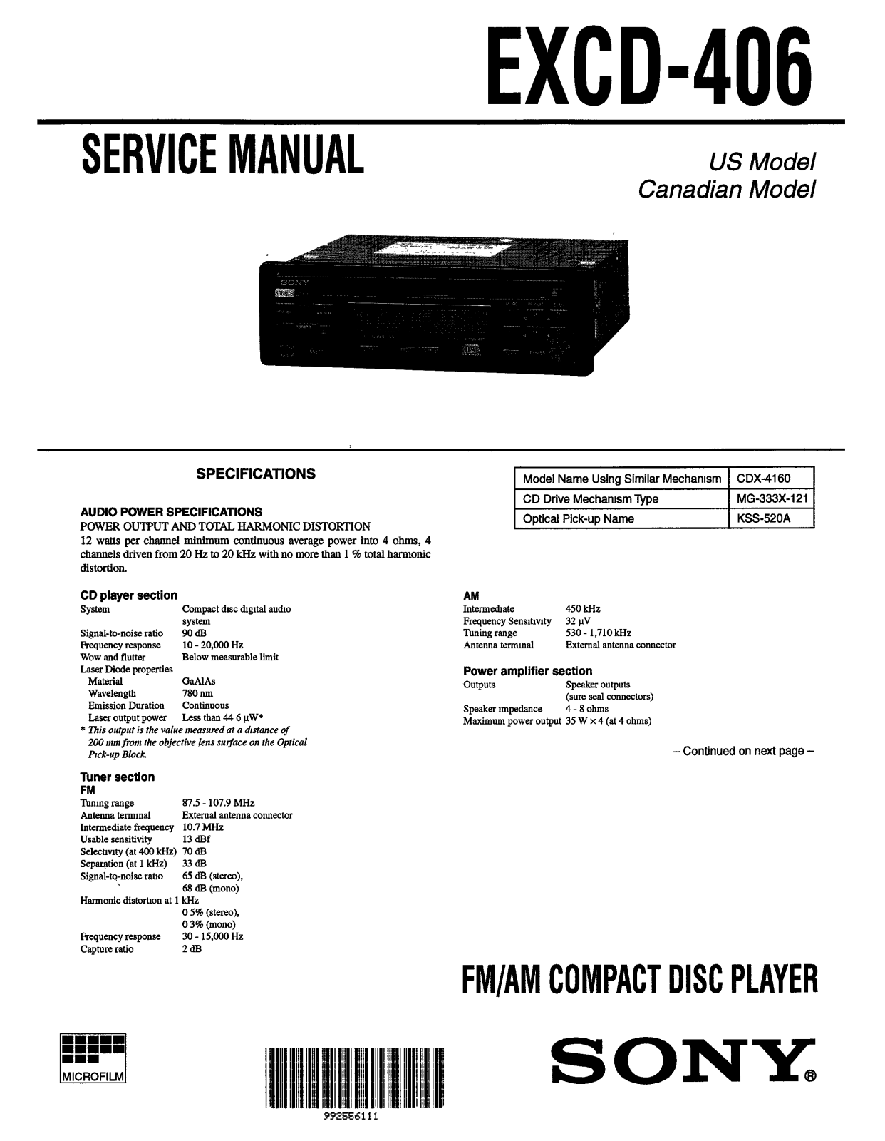 Sony EXCD-406 Service manual