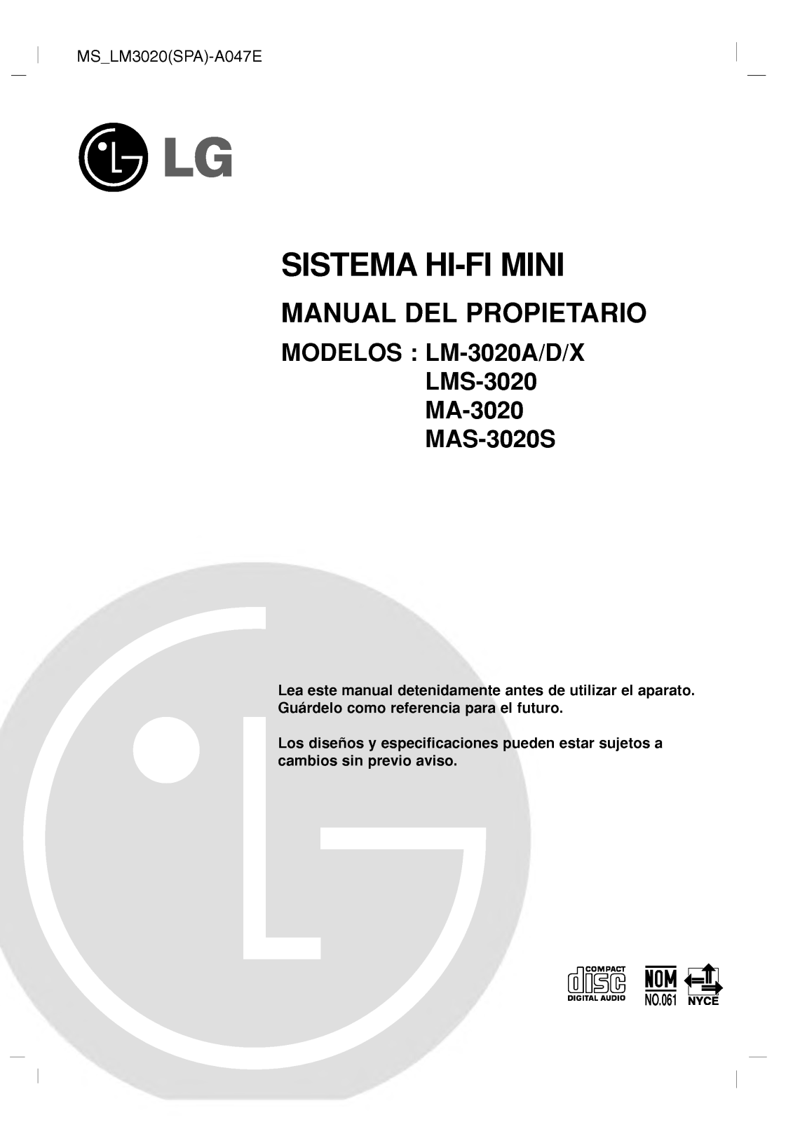 Lg LM-3020A, LM-3020D, LM-3020X, LMS-3020, MA-3020 User Manual