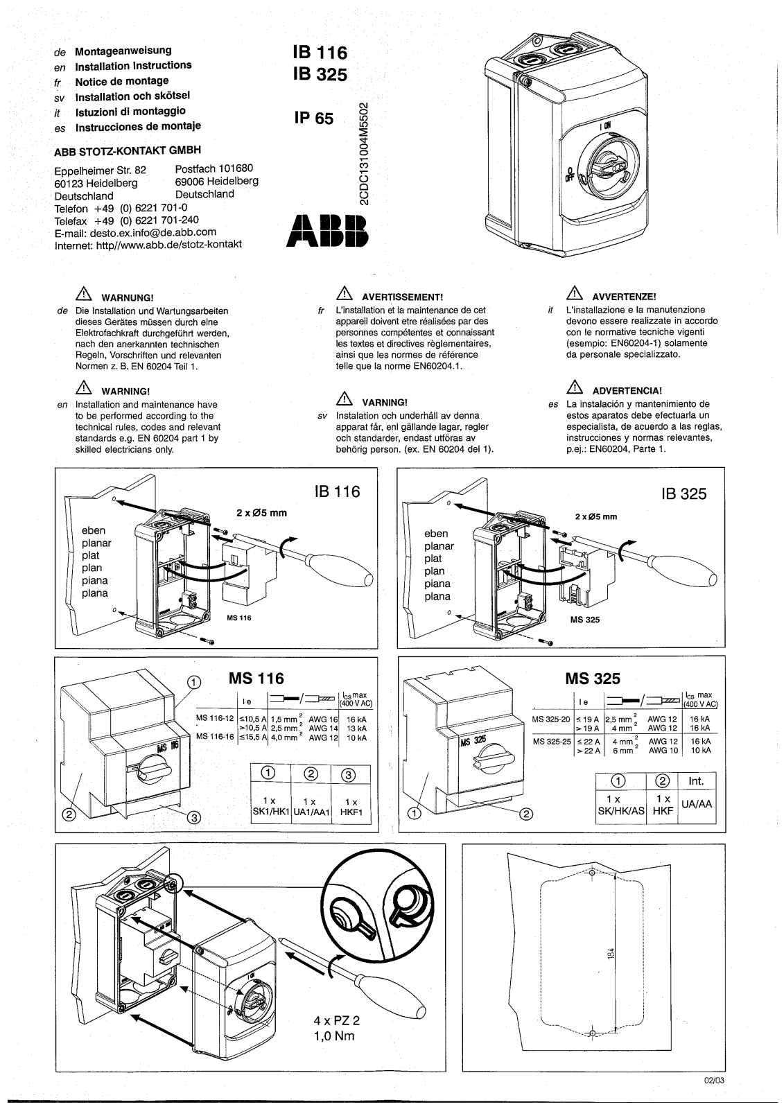 ABB IB 116, IB 325, IP 65 Installation Instructions