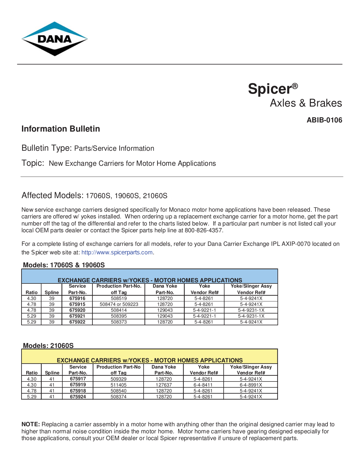 Spicer New Exchange Carriers for Motor Home Applications User Manual