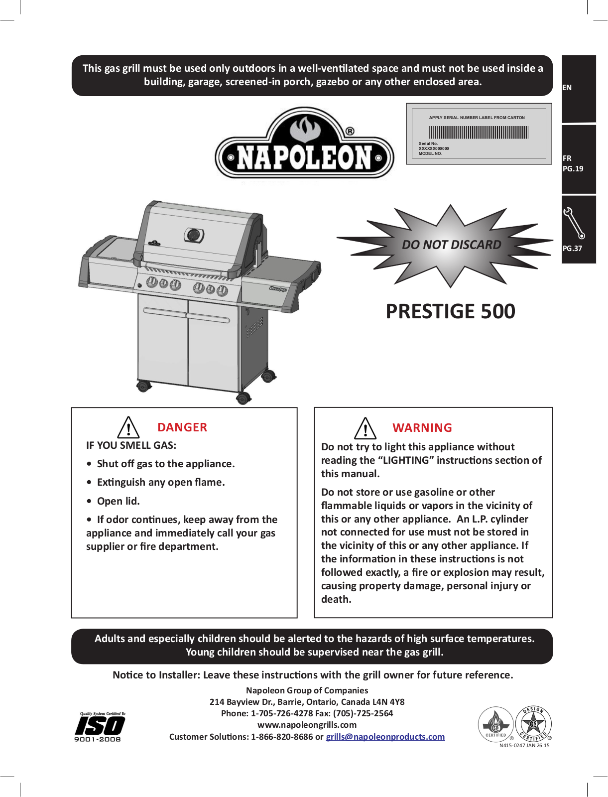 Napoleon P500NSS2, P500RBPSS2, P500RSIBPK1 Owners Manual