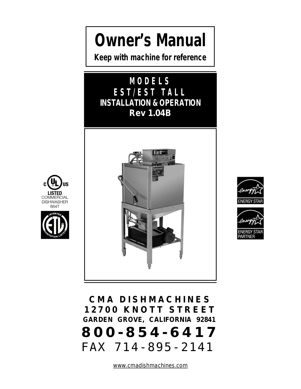 CMA Dish Machines EST Tall Operator’s Manual