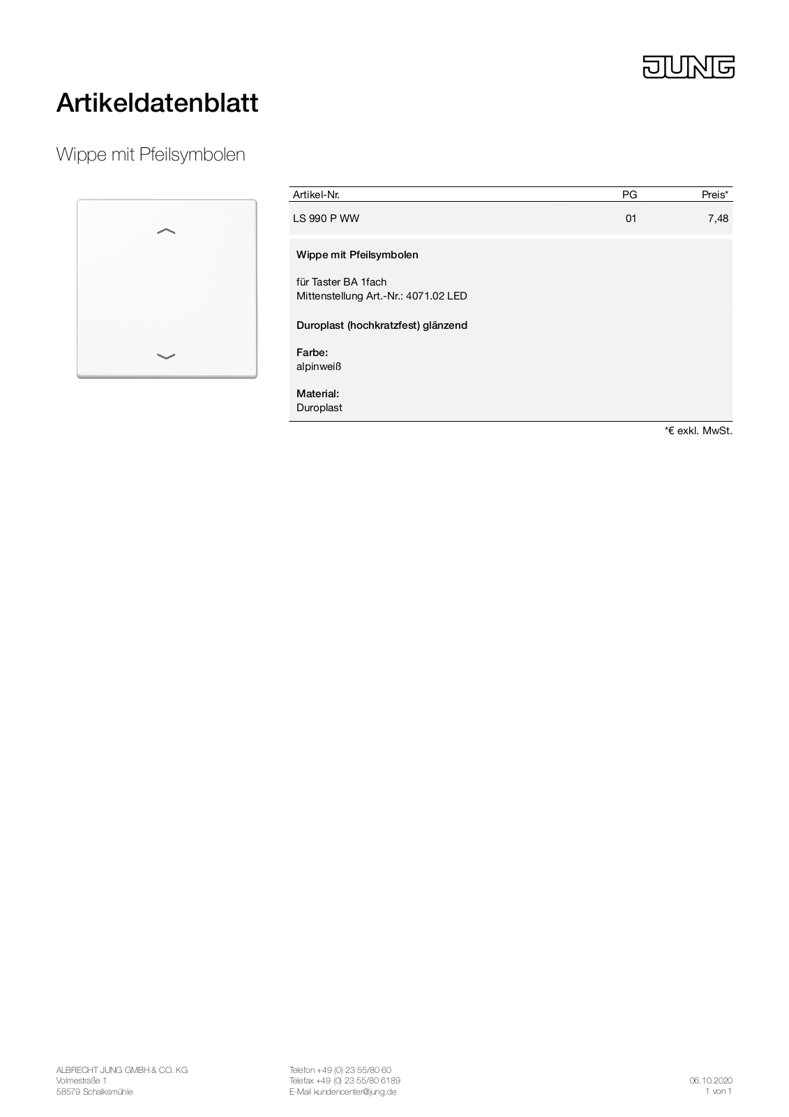 Jung LS 990 P WW Technical data