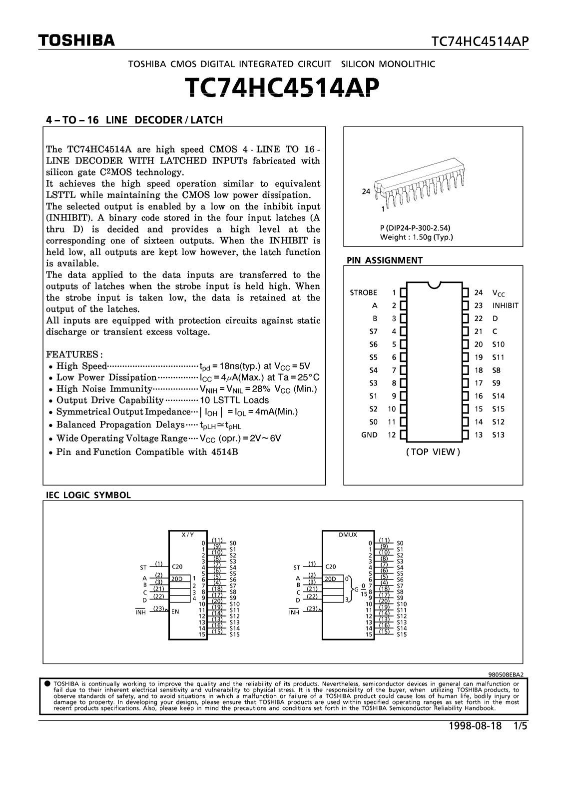 Toshiba TC74HC4514AP Datasheet