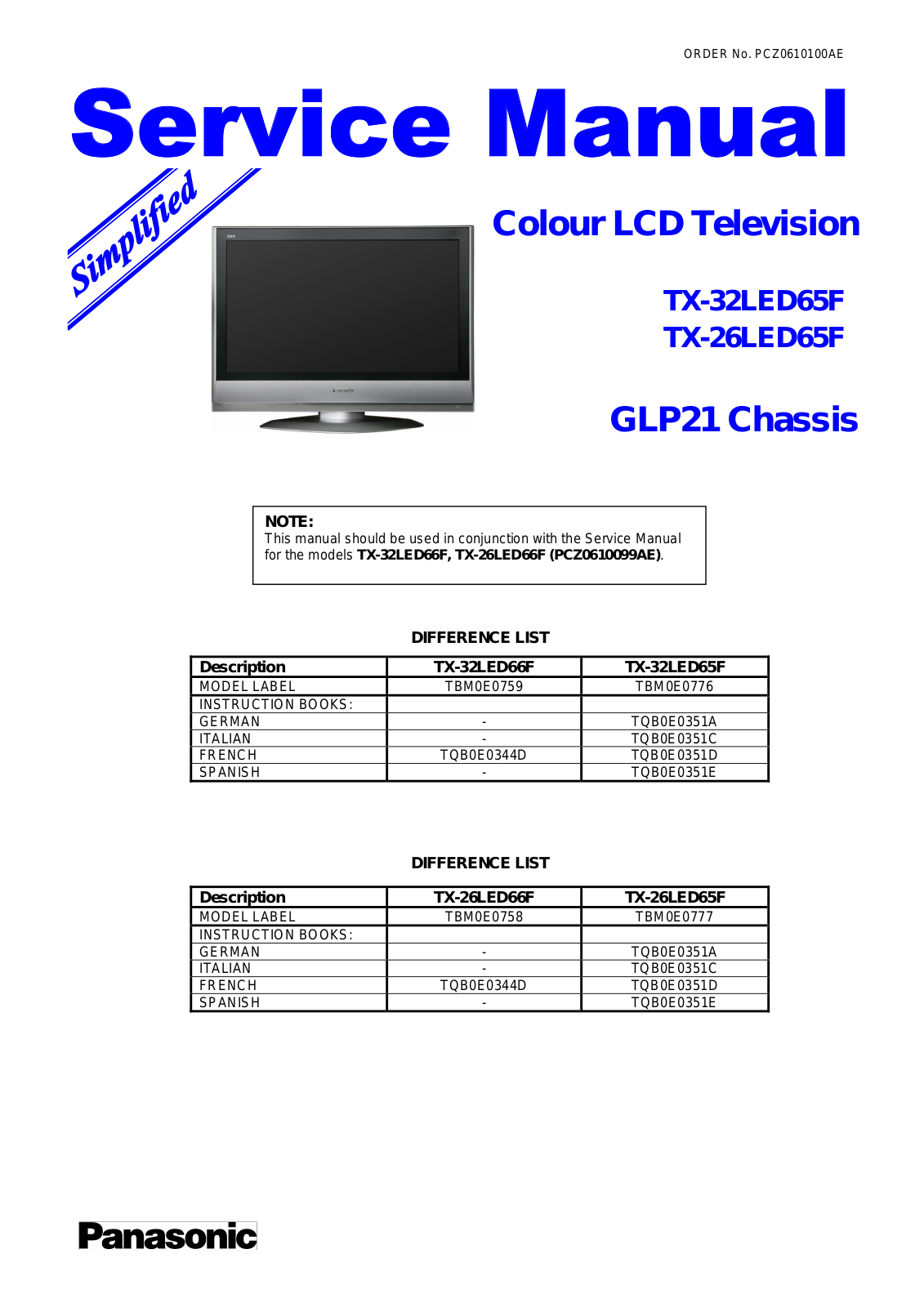 Panasonic TX-32LED65F, TX-26LED65F Service Bulletin