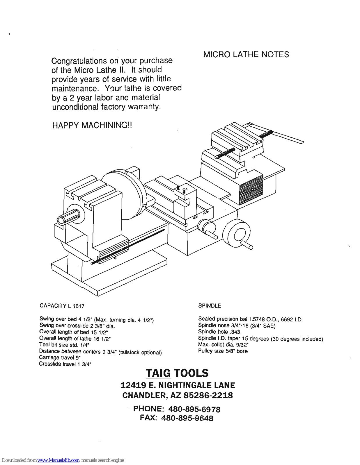 Taig Tools Micro Lathe II, L 1017 User Manual - ManualMachine.com