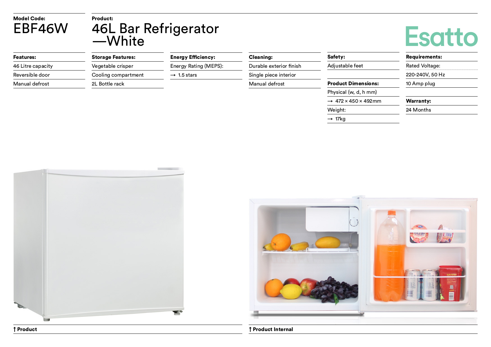 Esatto EBF46W Specifications Sheet