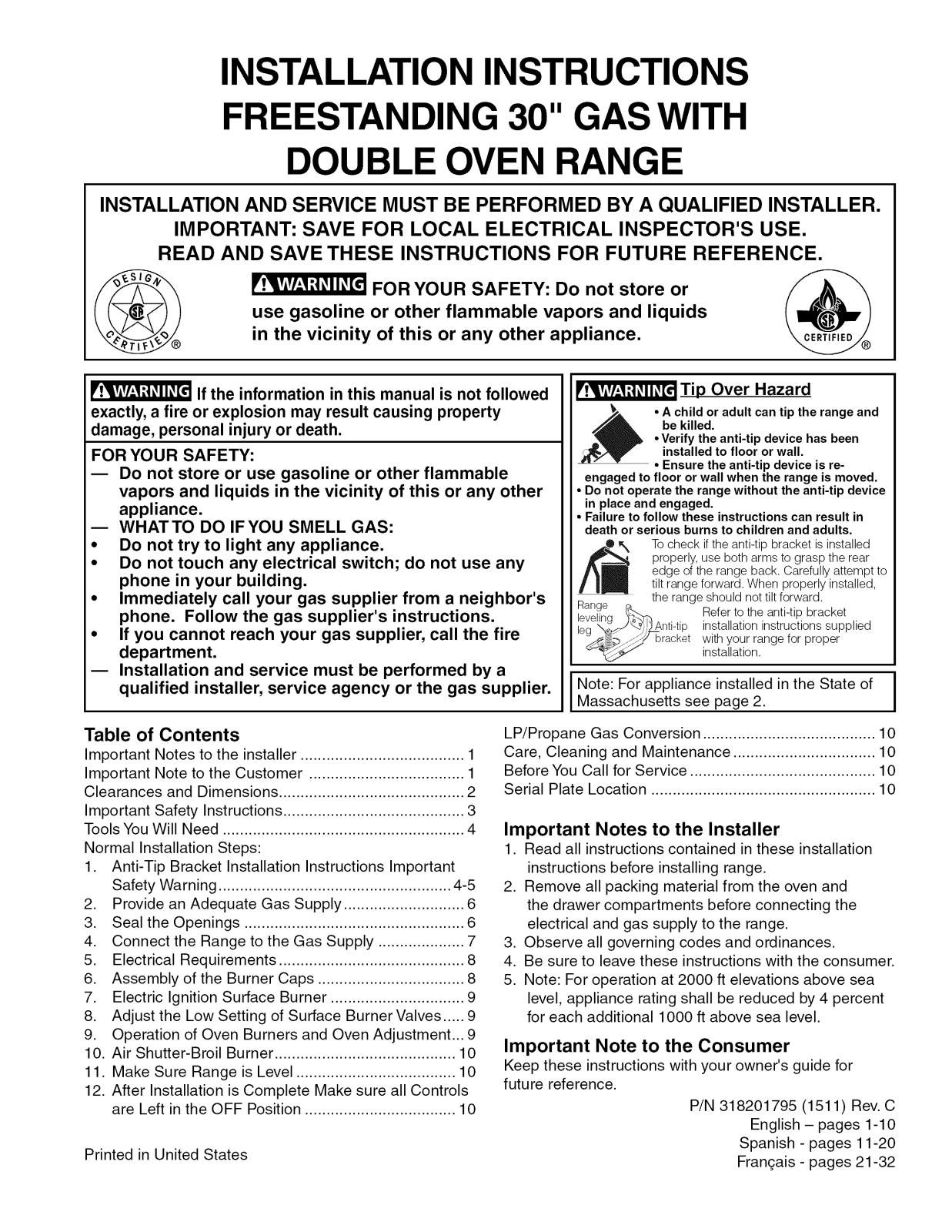 Kenmore 79078053410, 79078053411, 79078153410, 79078153411, 79078153413 Installation Guide