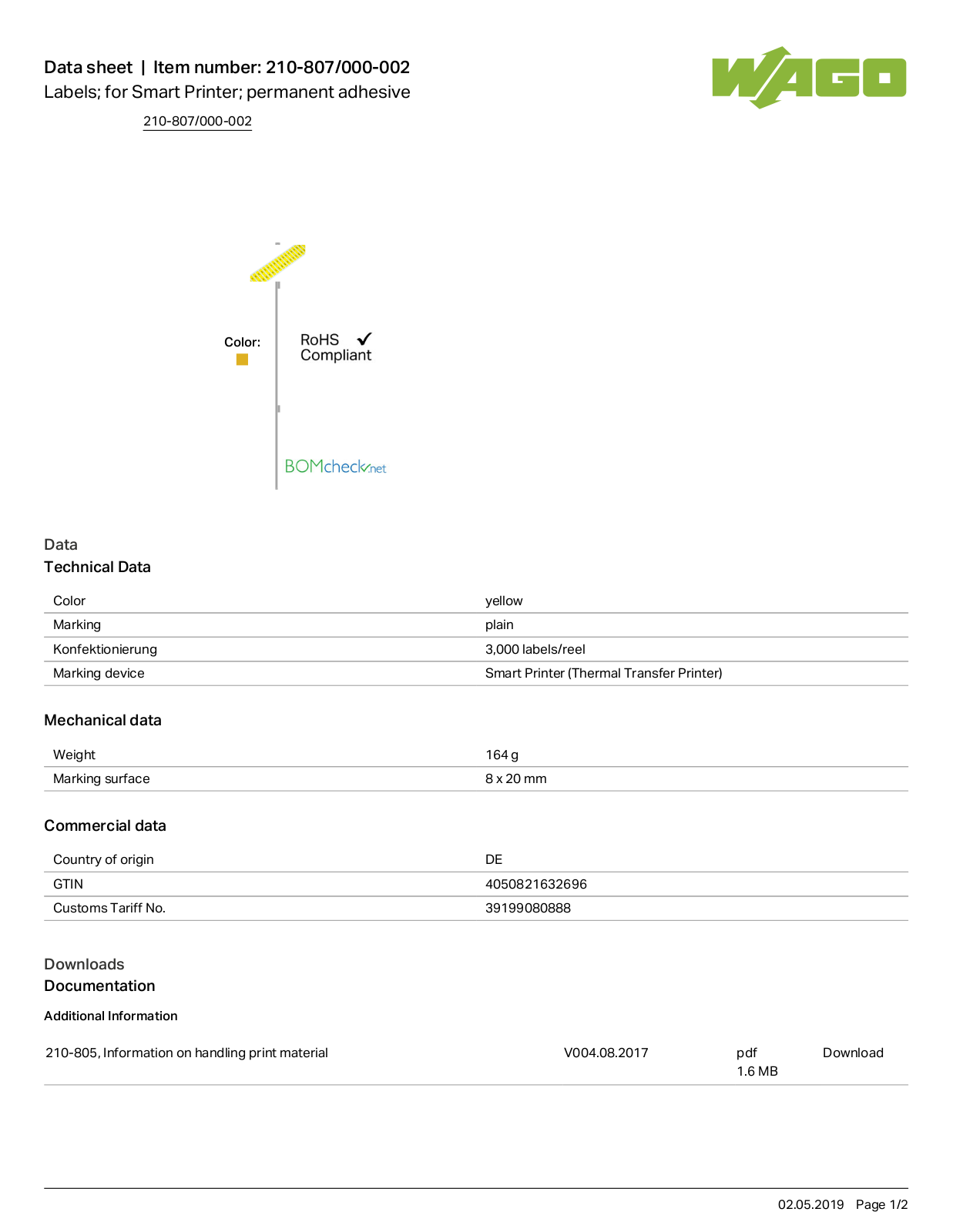 Wago 210-807/000-002 Data Sheet