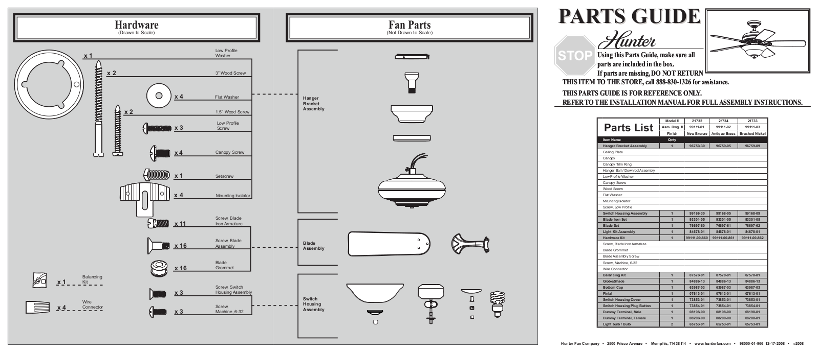 Hunter 21734 Parts Guide