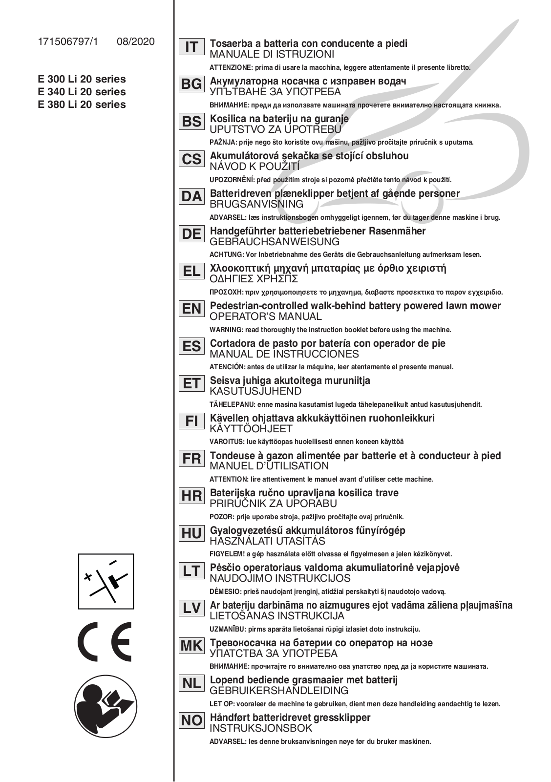 ALPINA E 300 Li 20 series, E 340 Li 20 series, E 380 Li 20 series OPERATOR’S MANUAL