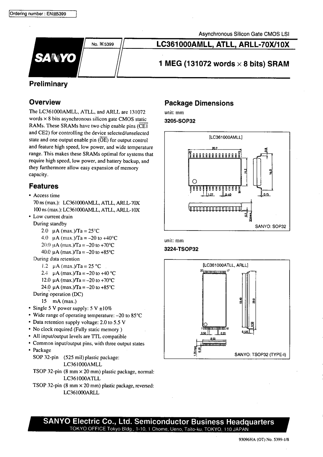 SANYO LC361000ATLL-10X, LC361000ARLL-70X, LC361000ARLL-10X, LC361000AMLL-70X, LC361000AMLL-10X Datasheet